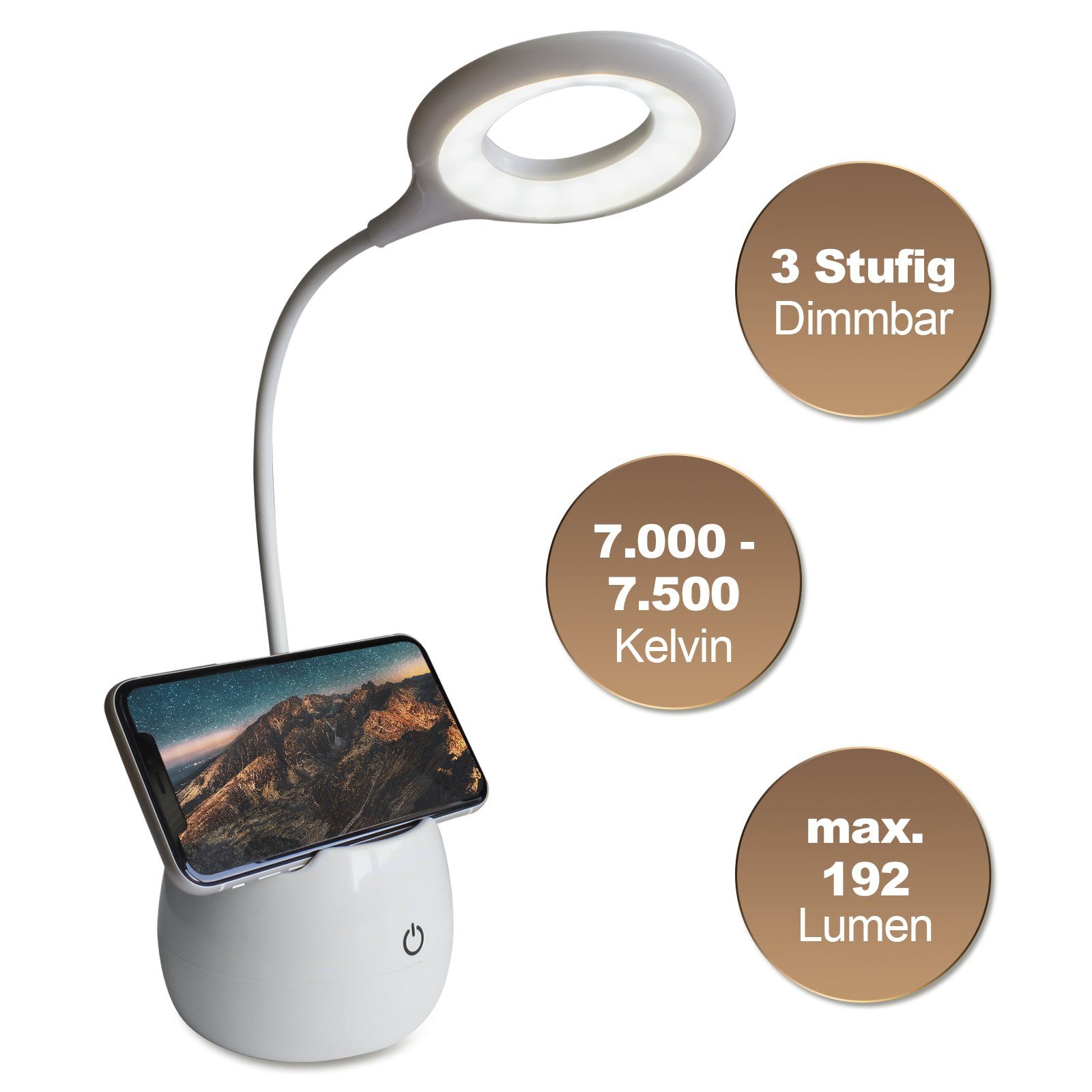 EAXUS LED Schreibtischlampe Touch USB flexibel LED Stromversorgung und fest 3 Stiftehalter Helligkeitsstufen, kaltweiß, integriert, oder 3x USB Handyhalter, über AA-Batterien mit verstellbar, Tischleuchte