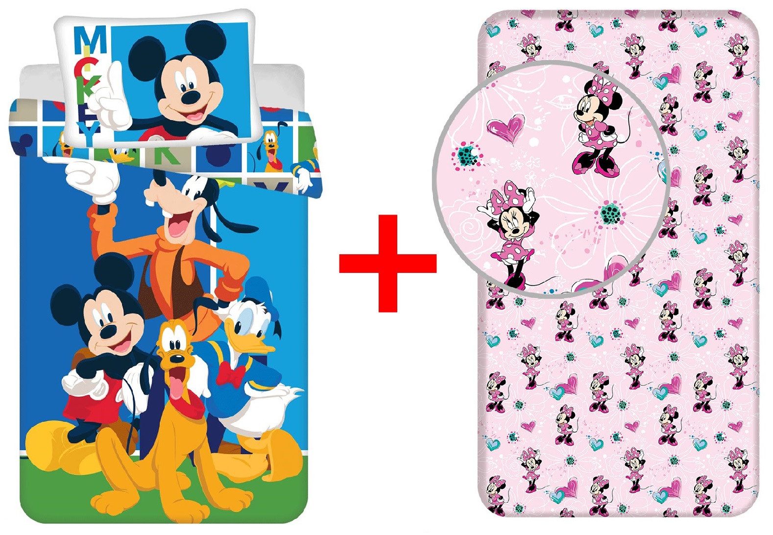 Disney Kinderbettwäsche Disney Micky Maus Bettwäsche 100x135 + Minnie Maus Spannbettlaken, Renforcé, 2 teilig