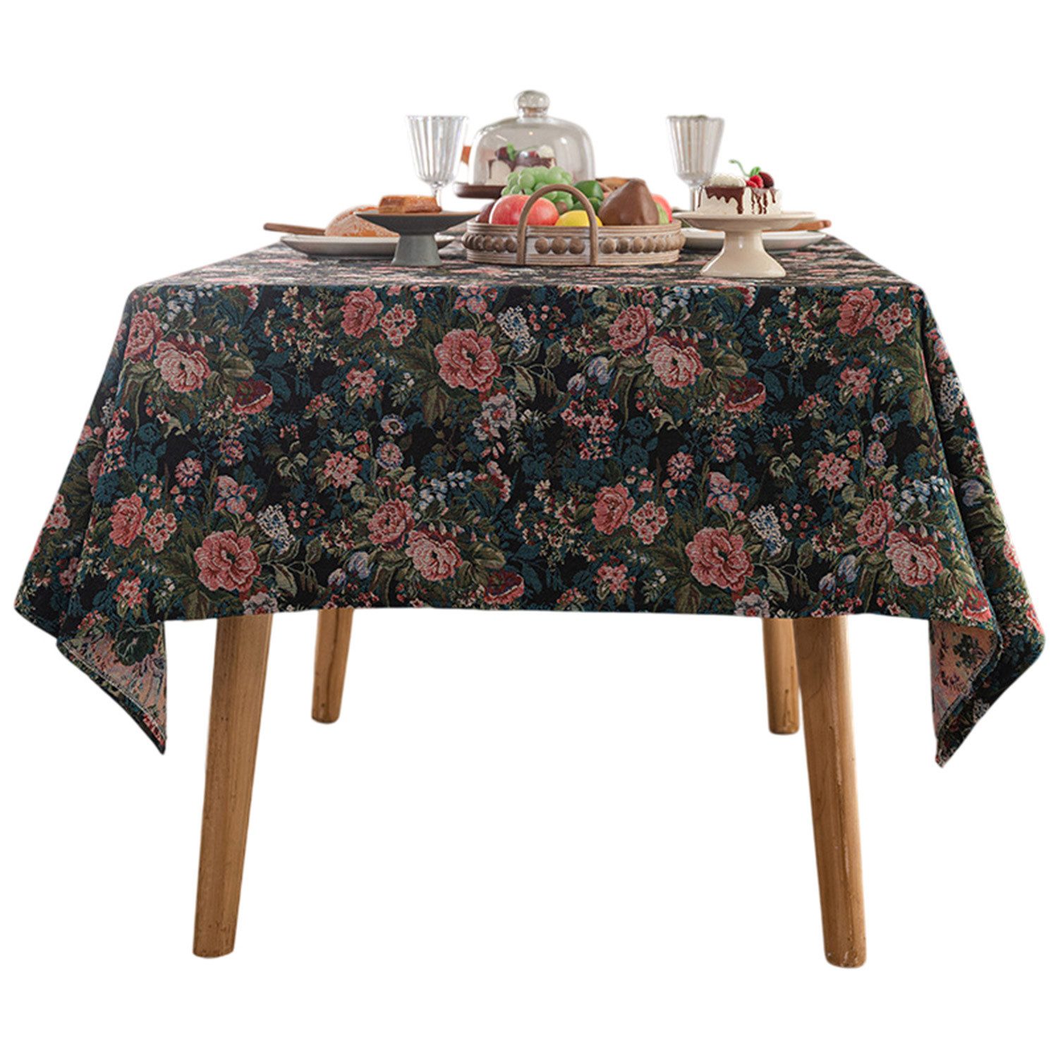 Refttenw Tischdecke Jacquard Tischdecke Vintage Blumenmuster, Leinenstruktur, Rechteckig Tischtücher 90x90 cm, Pflegeleicht, für Esszimmer Garten
