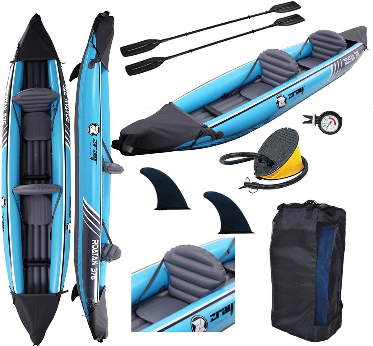 Tourenkajak ZRAY Roatan Kajak 2 Personen Tourenkajak mit 2 Paddel 376 x 77cm
