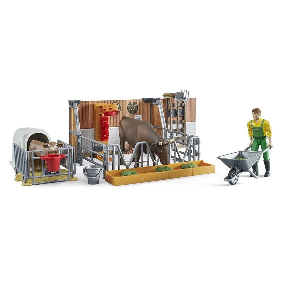 Bruder® Spielfigur bworld 62611 Kuh- und Kälberstall mit Landwirt, Tierfigur Bauernhoftiere Zubehör