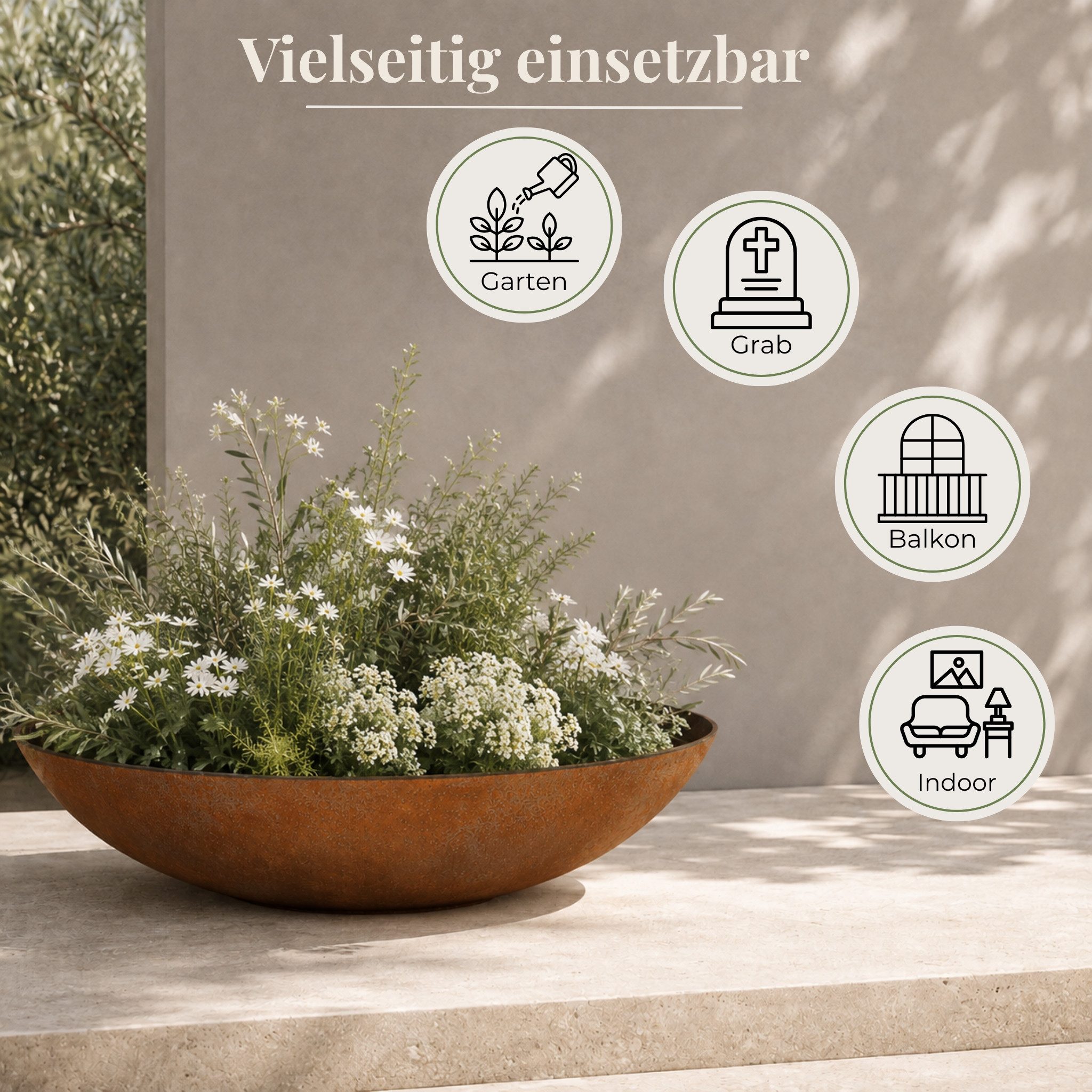matches21 HOME & HOBBY Blumentopf Flache Pflanzschale für draussen Dekoschale rund Rost-Optik 28 cm (1 St), Blumen-Schale als wetterfeste Friedhof-Schale Grab-S – Bild 3 von 5