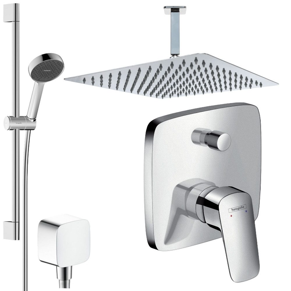 Hansgrohe und Jowi Duscharmatur Logis, Unterputz Duschsystem, Regendusche mit Deckenanschluss (Unterputz-Duschsystem, Set) Kopfbrause und Deckenanschluss aus Edelstahl