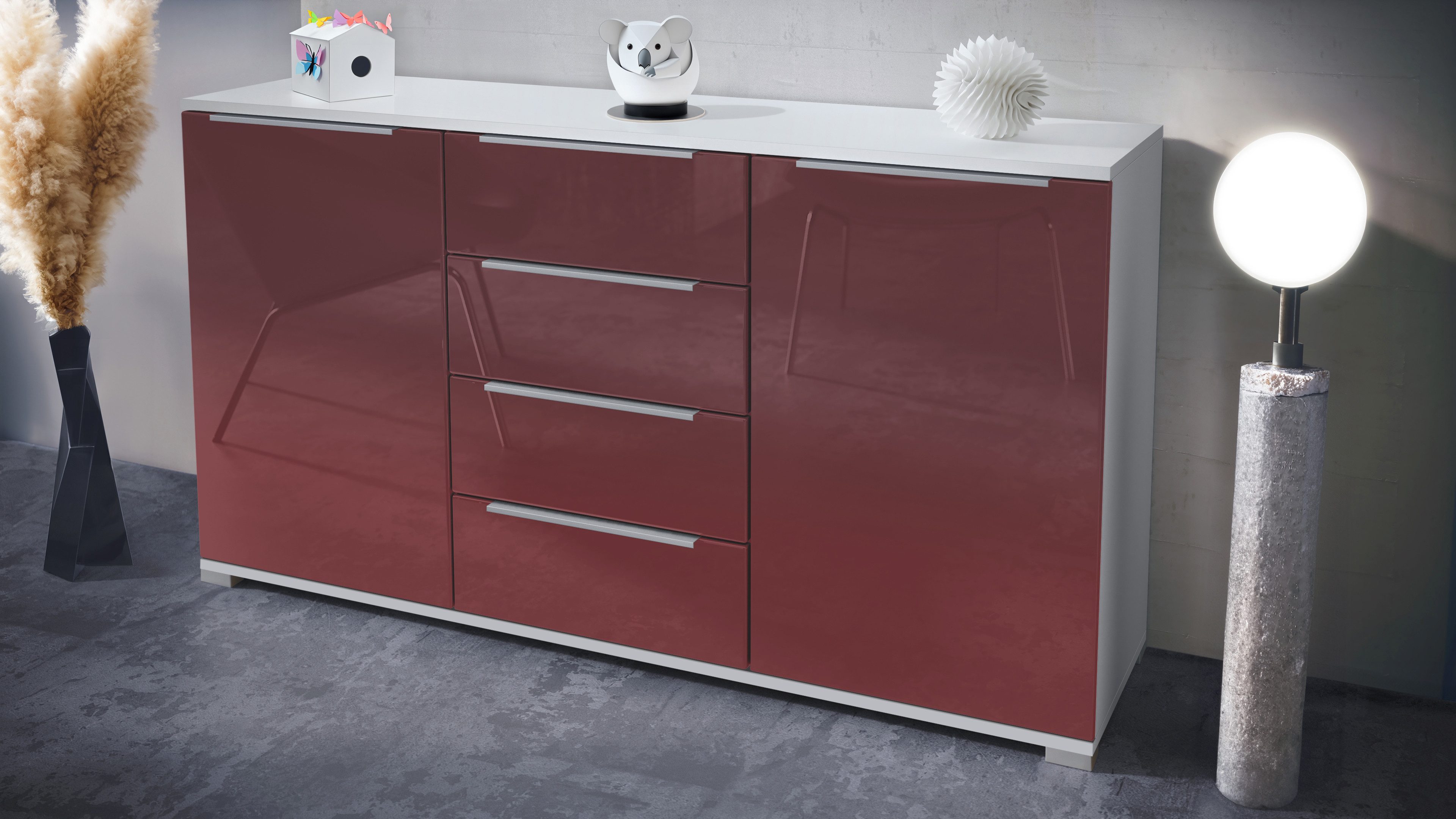 Vladon Sideboard Linio V1 (Anrichte, mit 2 Türen und 4 Schubladen), Weiß matt/Bordeaux Hochglanz (138,5 x 75,5 x 35 cm)