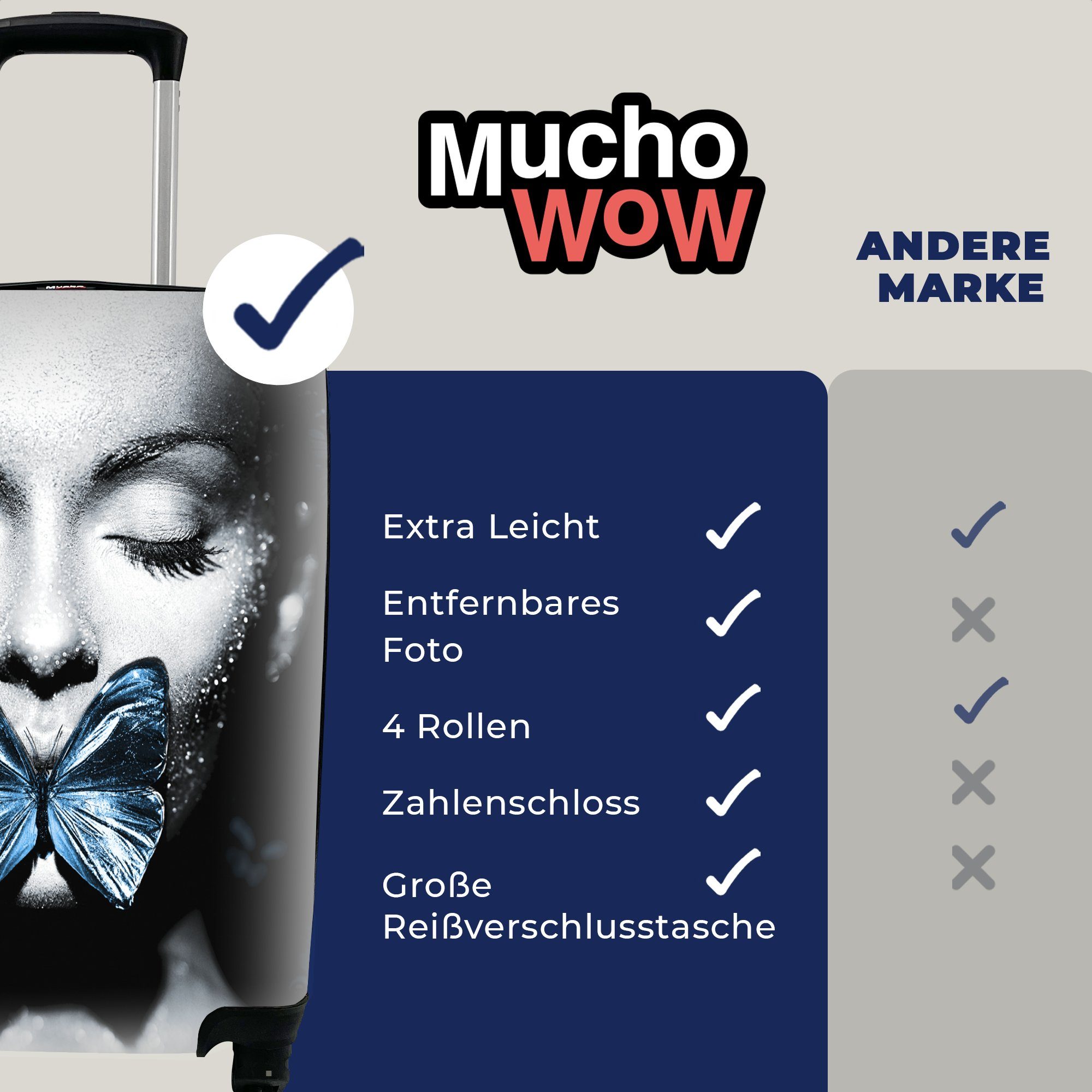 MuchoWow Handgepäckkoffer Frau - Trolley, für mit rollen, Reisetasche Reisekoffer 4 Handgepäck - Schmetterling Blau, Rollen, Ferien