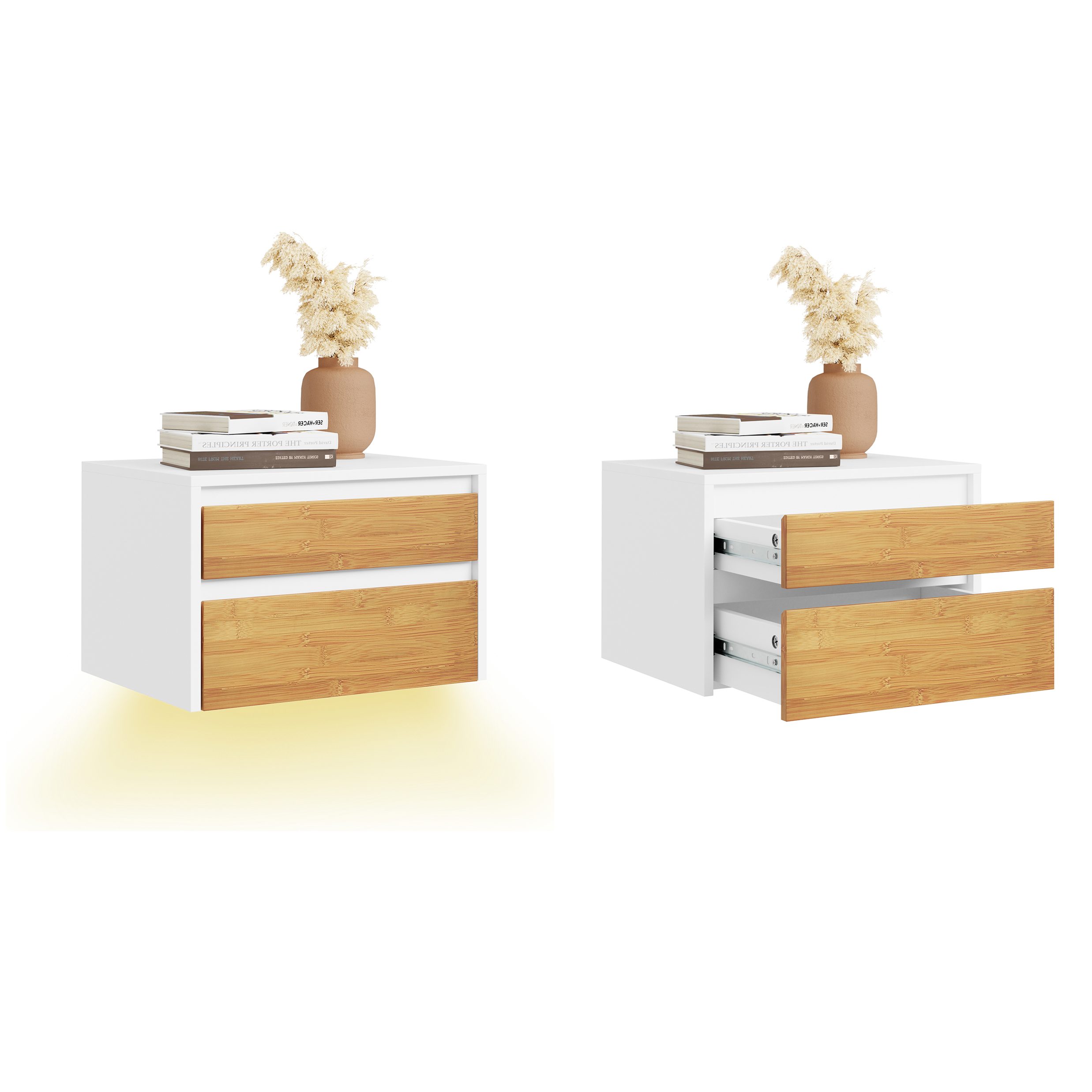 SoBuy Nachttisch FBT174/175, 2er set Nachtschrank Nachttisch hängend, Bettablage, Wandregal mit Bewegungssensor Licht, mit Schublade, Schlafzimmer