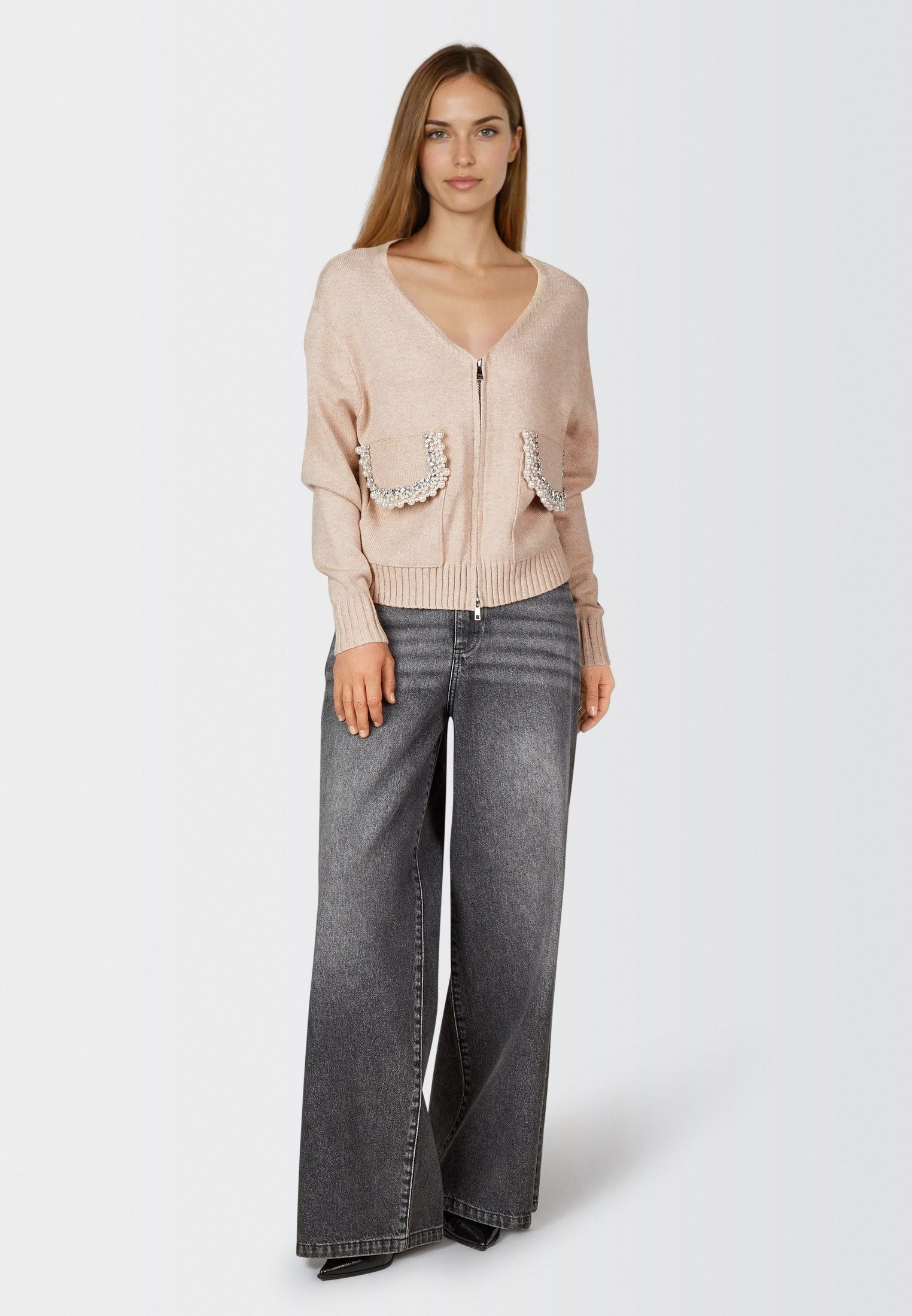 MARC AUREL Strickjacke mit Perlen-Applikation