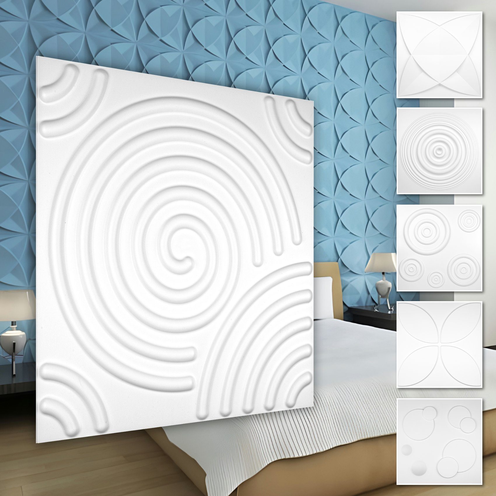Hexim Dekoobjekt (PVC Kunststoff - weiße Wandverkleidung mit 3D Optik - Kringel Motive (3 qm, 12 Platten) modern Paneele Verblender Idee)