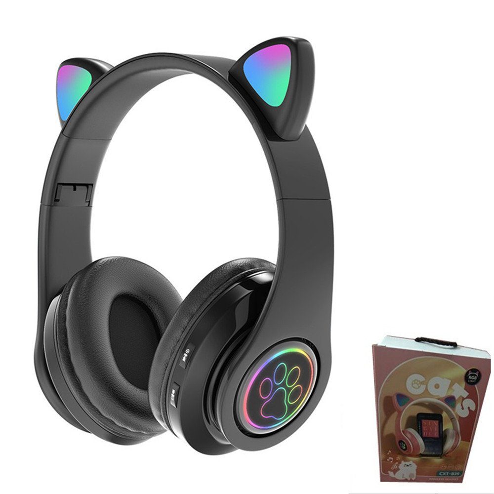 autolock Kopfhörer Bluetooth LED Headset Musik Katzenohr, Bluetooth Over-Ear-Kopfhörer Faltbare 5.0 Kopfhörer kabellos (Wireless Glühende Headset,Wireless Einstellbare) BK