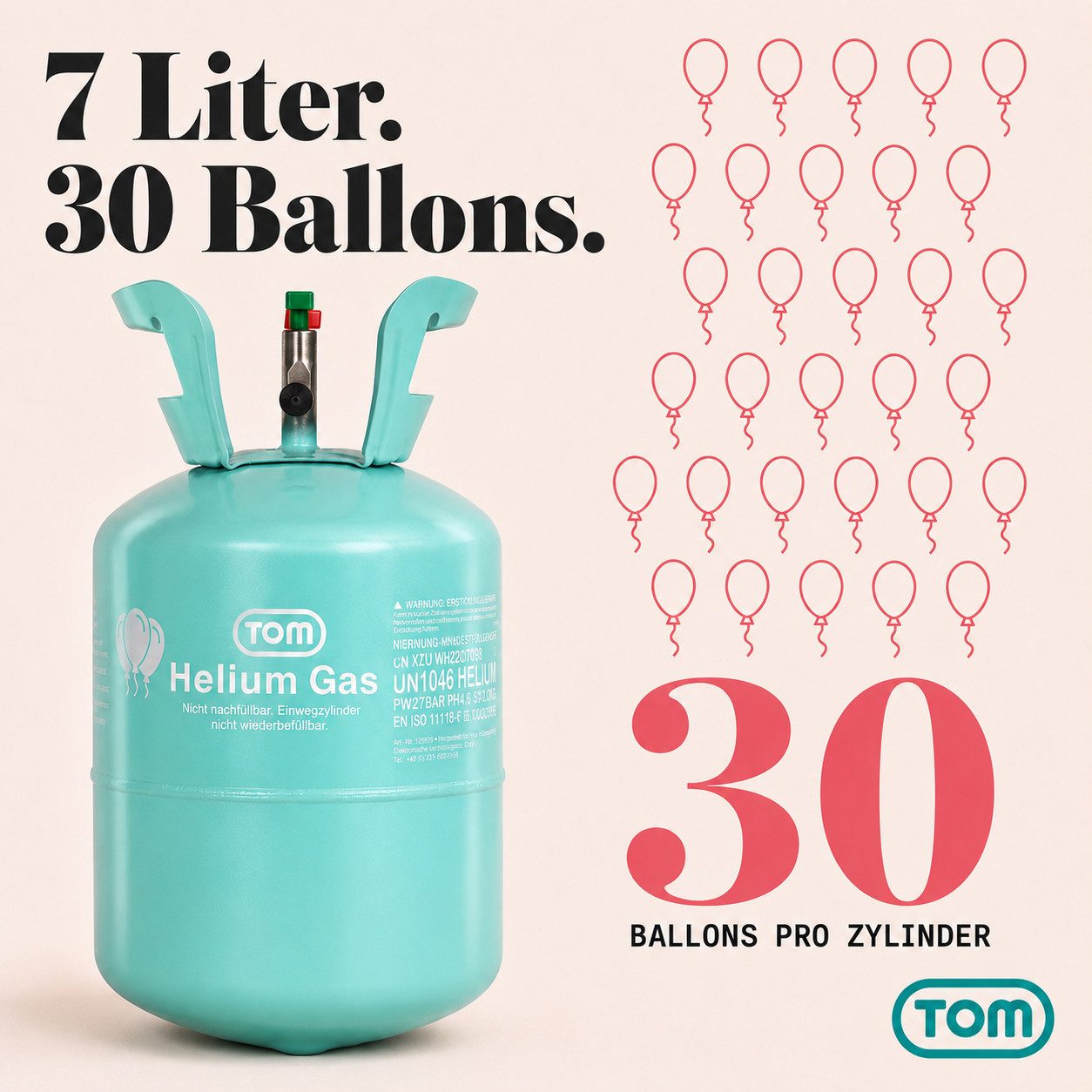 TOM Helium Ballongas Heliumgas für bis ca. 30 Ballons Luftballons, Einfalldüse, 7 Liter, Fülldruck 40 bar bei 15 °C