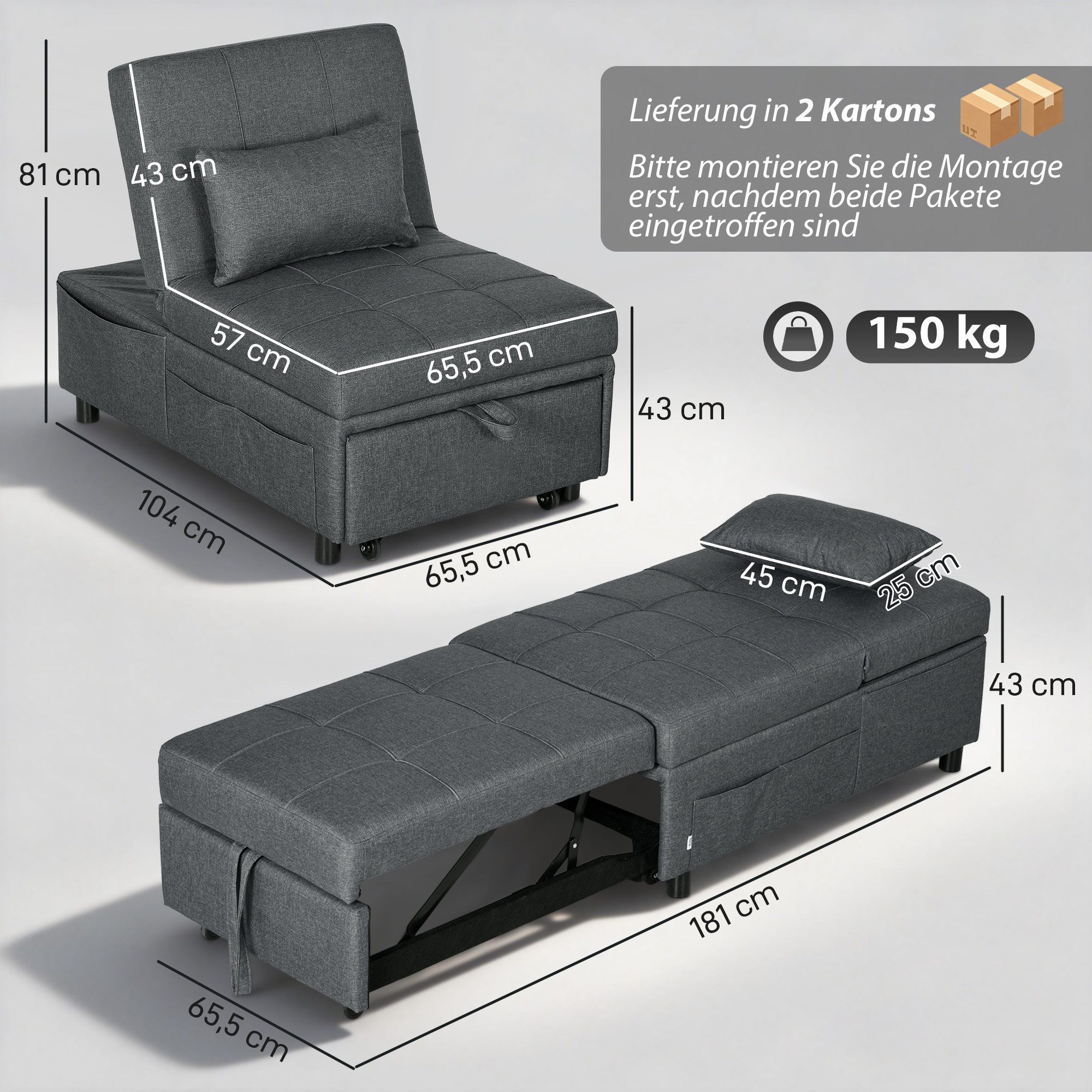 HOMCOM Schlafsofa Schlafsessel mit Bettfunktion, ausziehbares Schlafsofa, Schlafsessel mit Bettfunktion 1 Teile, für Wohnzimmer, Schlafzimmer, Grau