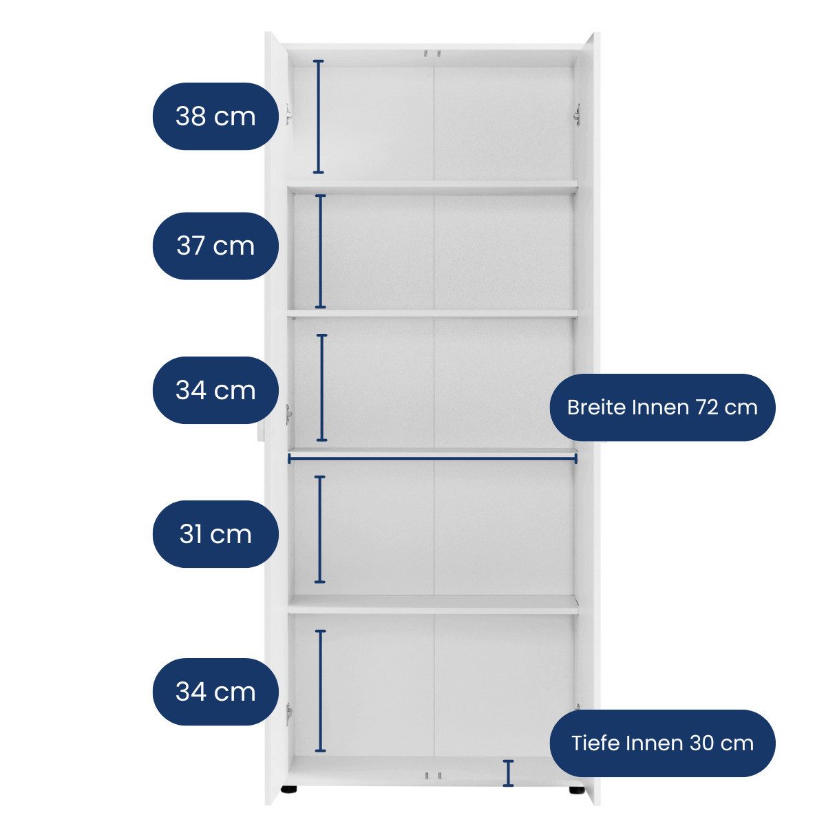 Home Collective Mehrzweckschrank 75 cm breit mit Einlegeböden 75x35x184 cm (BxTxH) Weiß (Vorratsschrank Universalschrank für Haushalt, Flur, Büro, Keller) mit 2 Türen & 4 Einlegeböden