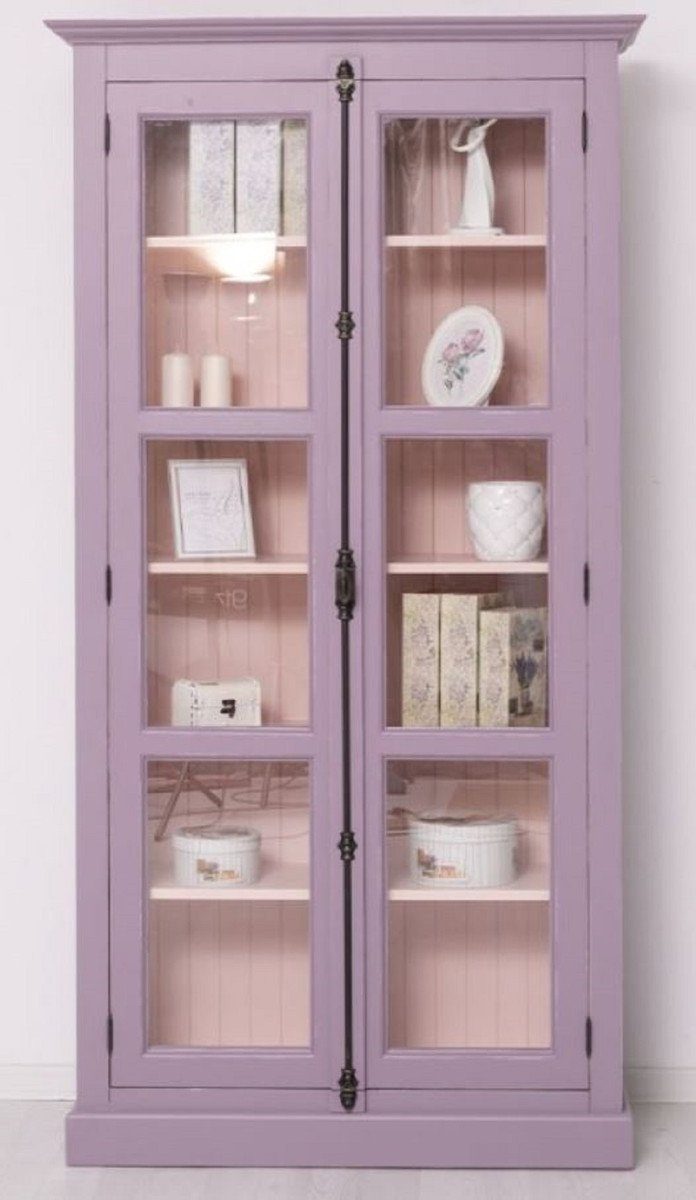 Casa Padrino Vitrine Casa Padrino Landhausstil Vitrine Lila / Rosa 109 x 40 x H. 210 cm - Massivholz Vitrinenschrank mit 2 Glastüren - Massivholz Schrank - Massivholz Möbel - Landhausstil Möbel