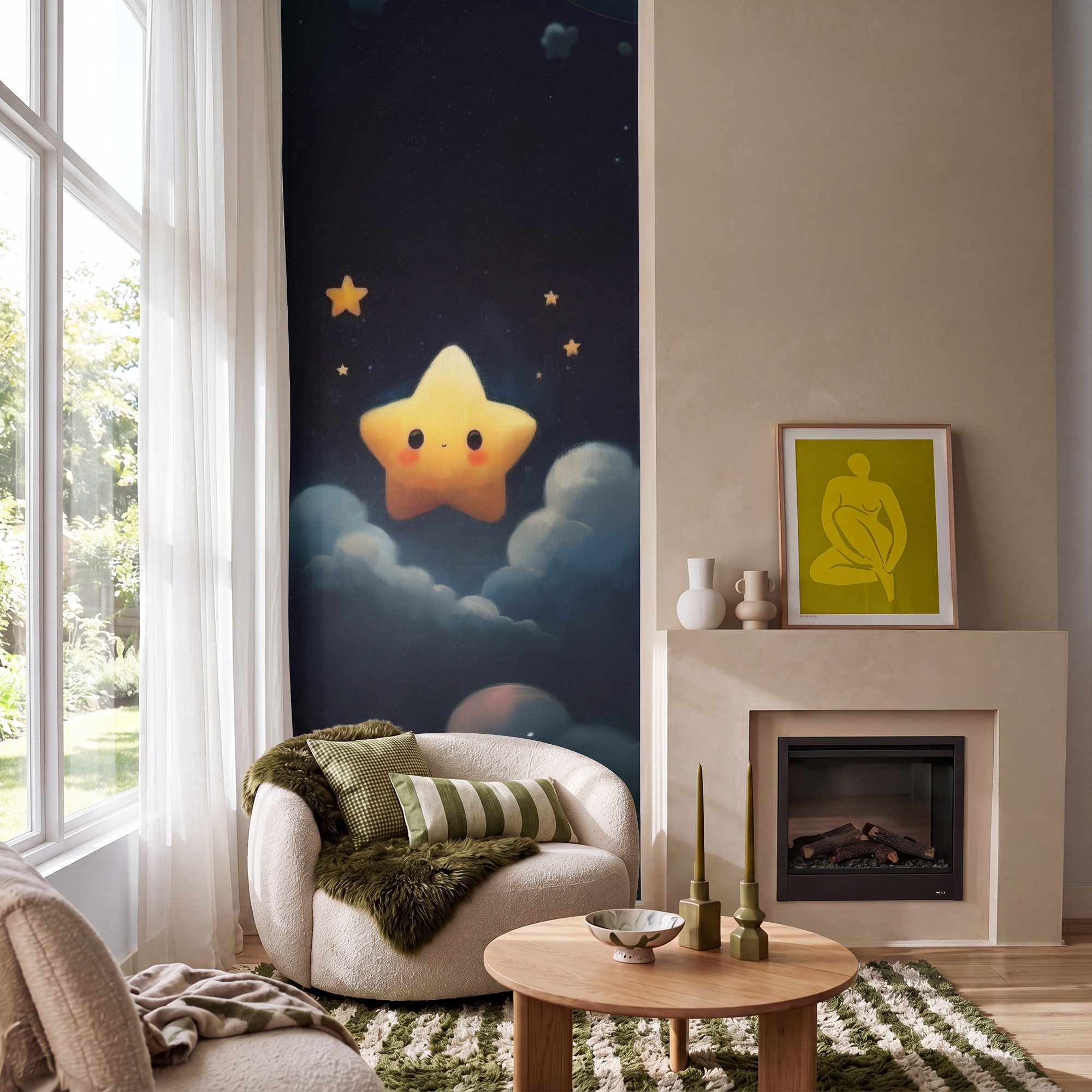 OnlyWow Fototapete Stern - Gesicht - Nacht - Wolken, Matt, bedruckt, Schlafzimmer, Küche, Vliestapete, Modern 100x240cm