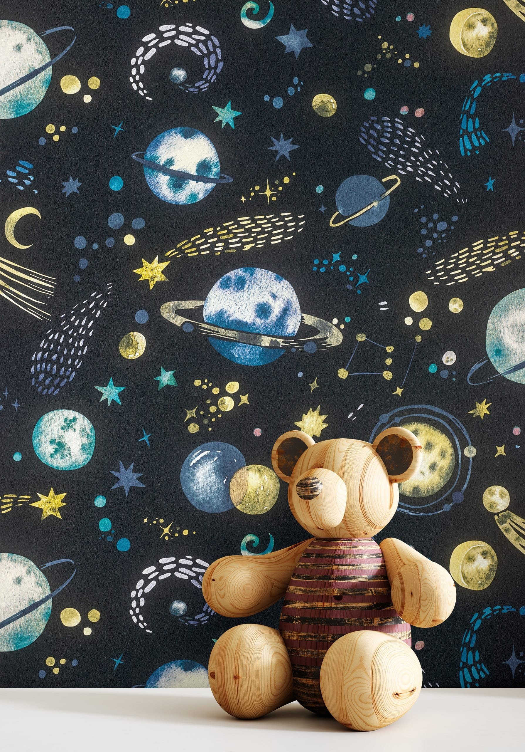 Newroom Vliestapete, Blau Tapete Kinder Galaxie - Kindertapete Jugendtapete Nachtblau Schwarz Verspielt Sterne Planeten für Kinderzimmer Jugendzimmer Babyzimmer