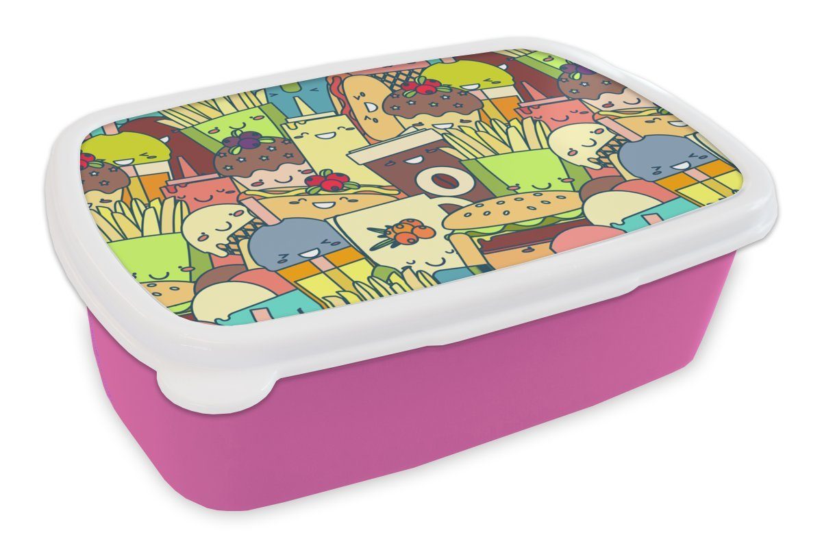 (2-tlg), Brotdose Lunchbox Snackbox, Fast Food, Kinder, - Kawaii Brotbox Erwachsene, MuchoWow Kunststoff Muster rosa - für Kunststoff, Mädchen,