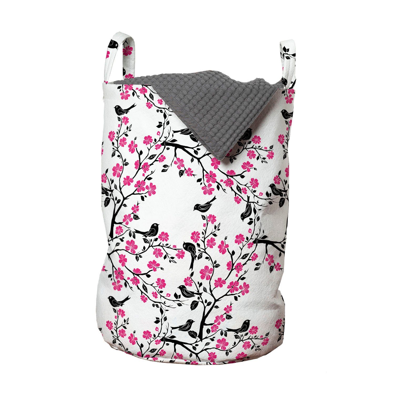 Abakuhaus Wäschesäckchen Wäschekorb mit Griffen Kordelzugverschluss für Waschsalons, Kirschblüte Sakura-Baum-Vogel