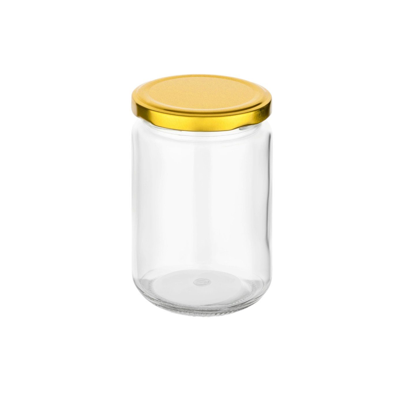 gouveo Einmachglas Einmachgläser rund mit mit ml), 350 (12er Set, Gläser Schraubverschluss, goldfarben, mehrweg Schraubdeckel Mit - Twist-Off-Deckel