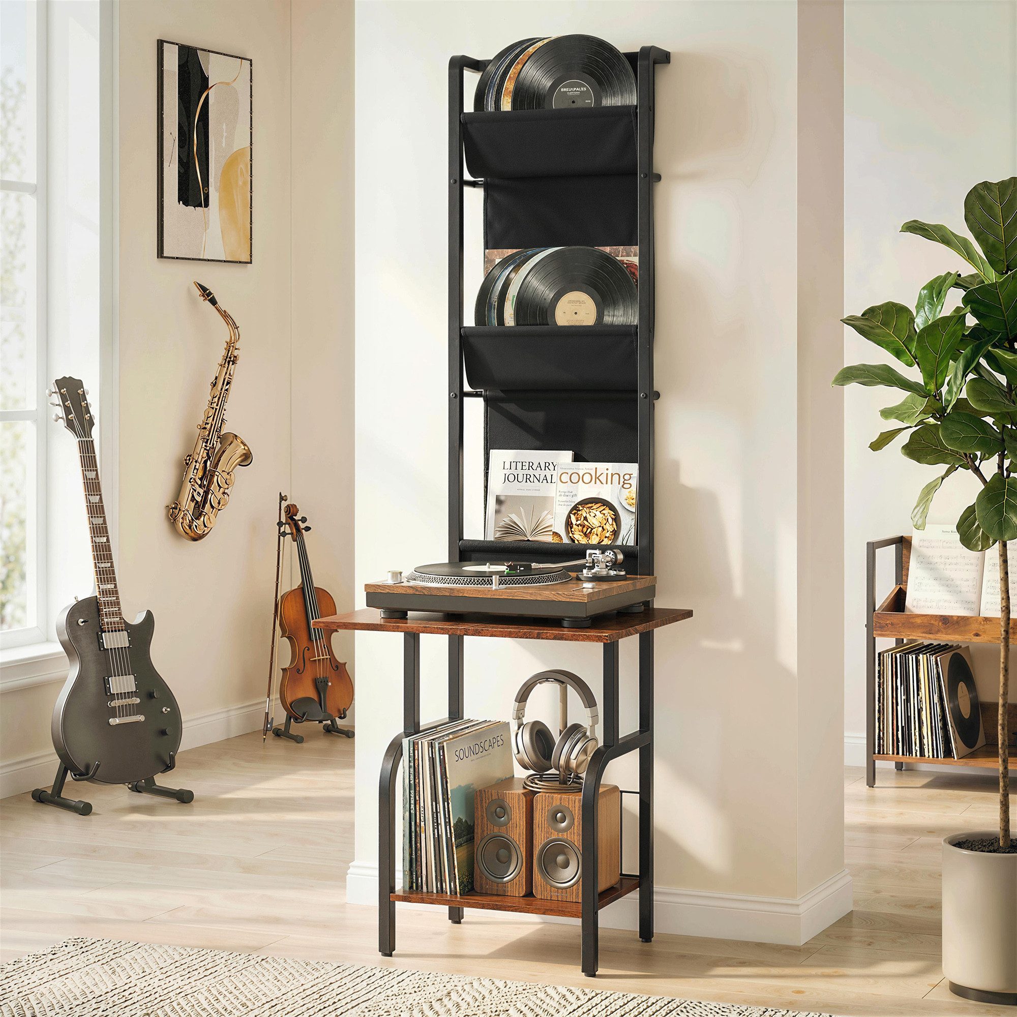 HOMCOM CD-Regal Plattenspieler Schallplatten Aufbewahrung mit 3 Stofftaschen, DVD Regal 1-tlg., Medienregal mit Tischplatte, Kippsicherung, stabil.