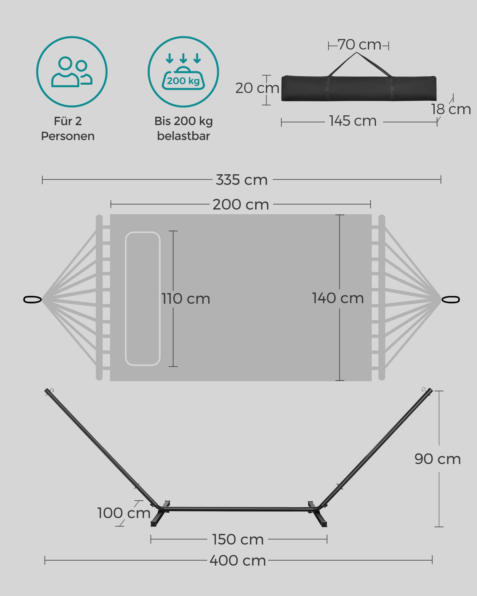 SONGMICS Hängematte, mit Gestell, Kissen, bis 200 kg belastbar, 200 x 140 cm (L x B)