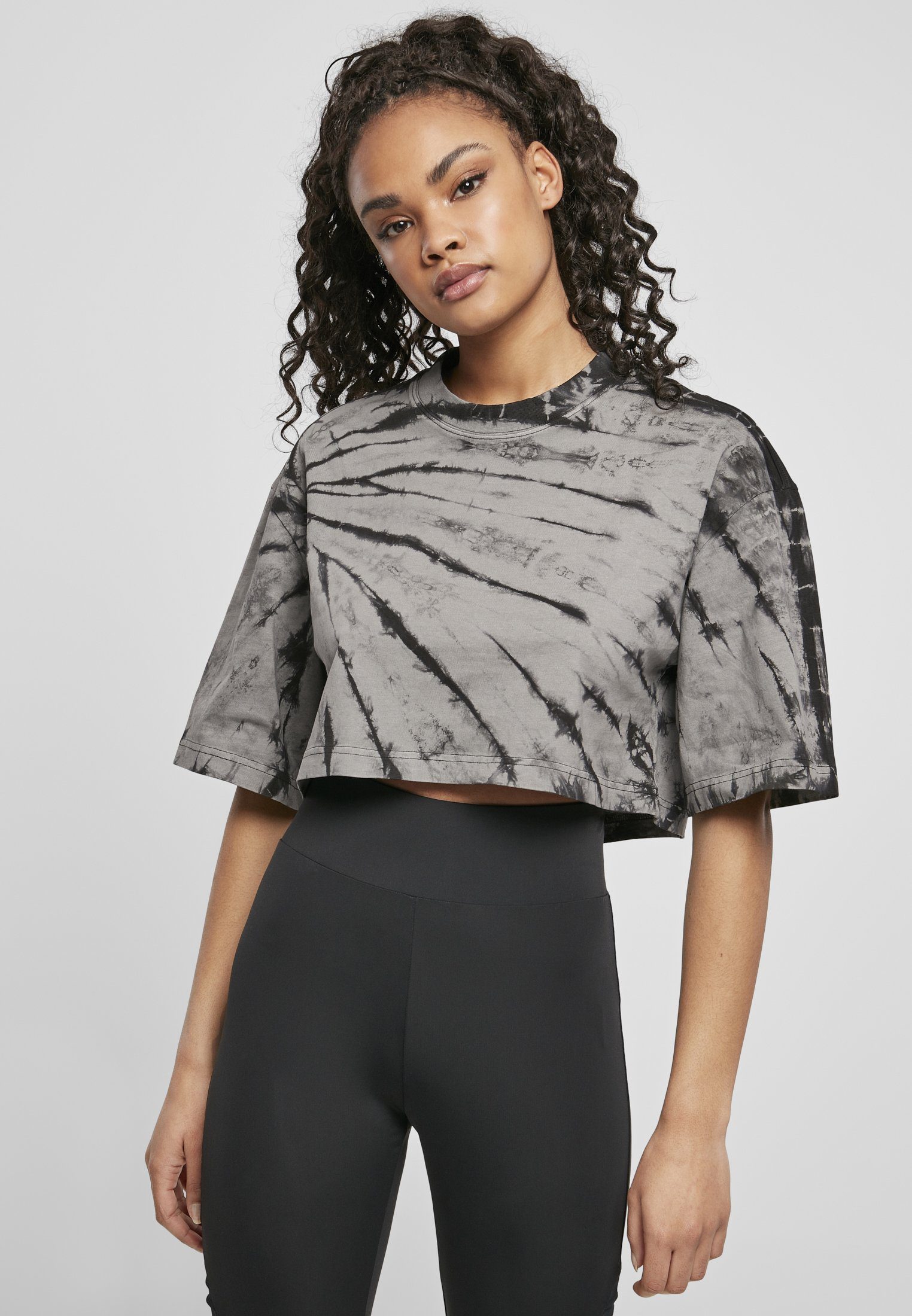 URBAN CLASSICS Kurzarmshirt Damen Ladies Oversized Cropped Tie Dye Tee (1-tlg) black/asphalt