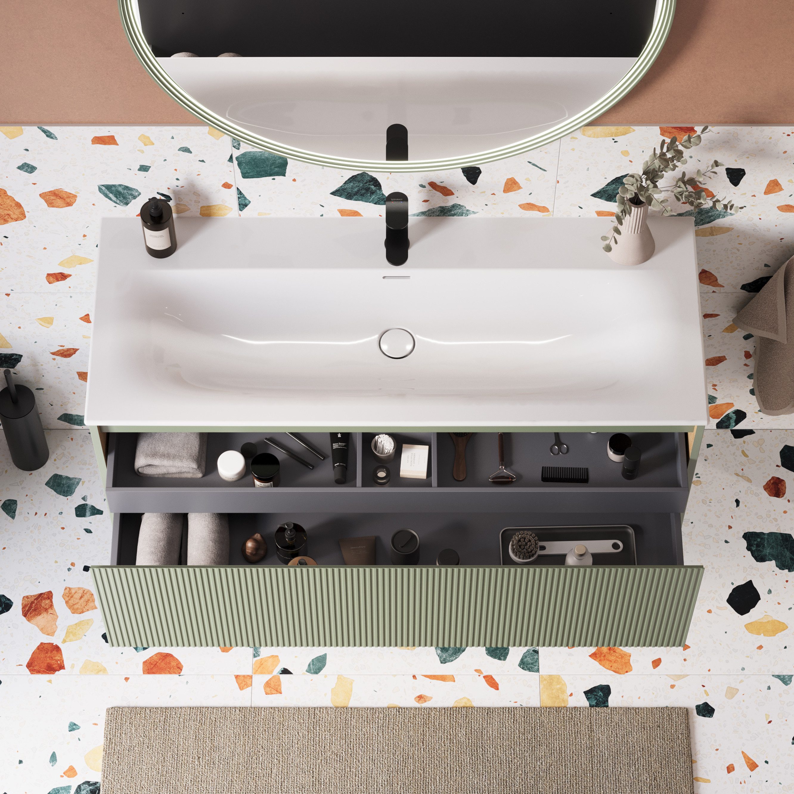 Bernstein Waschbeckenunterschrank BELDIVO 120cm Jadegrün matt Duravit LED (1 Hahnloch) Waschtischunterschrank mit Waschbecken 1 Schublade Innenschublade LED