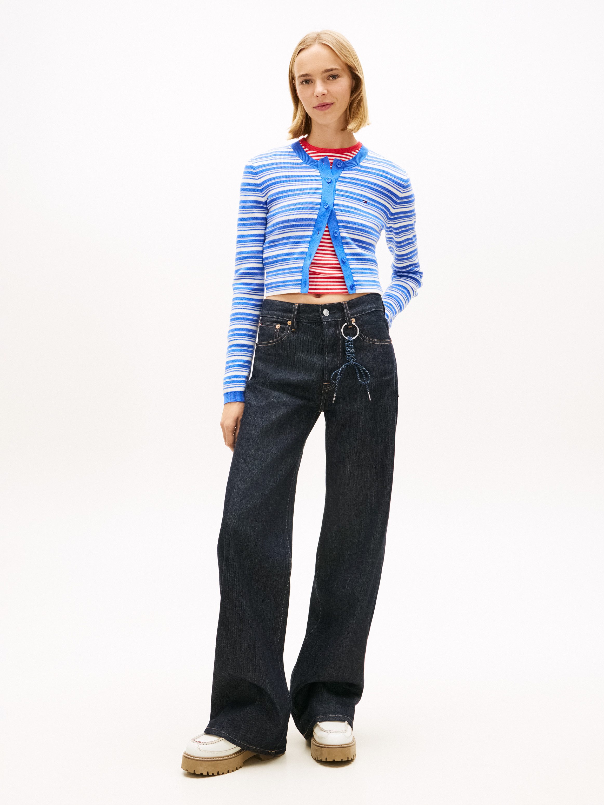 Tommy Jeans Strickjacke TJW CREW NECK STRIPE CARDI EXT reine Baumwolle, Streifen Look