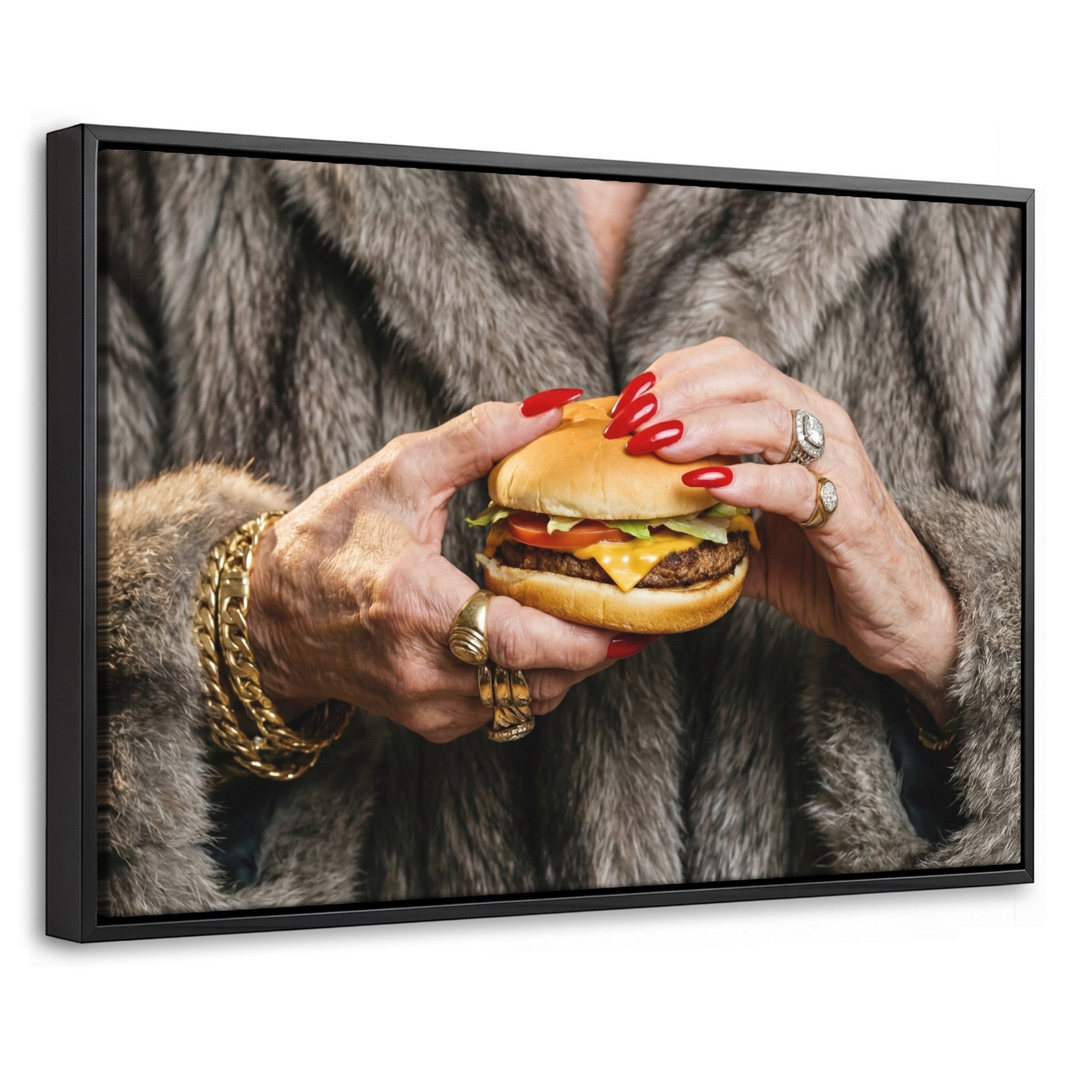 OneMillionCanvasses® Leinwandbild mit Rahmen - Frau - Hamburger - Pelzmantel, Fotodruck (1 St), Wandbilder, Deko Schlafzimmer Wohnzimmer 60x40cm