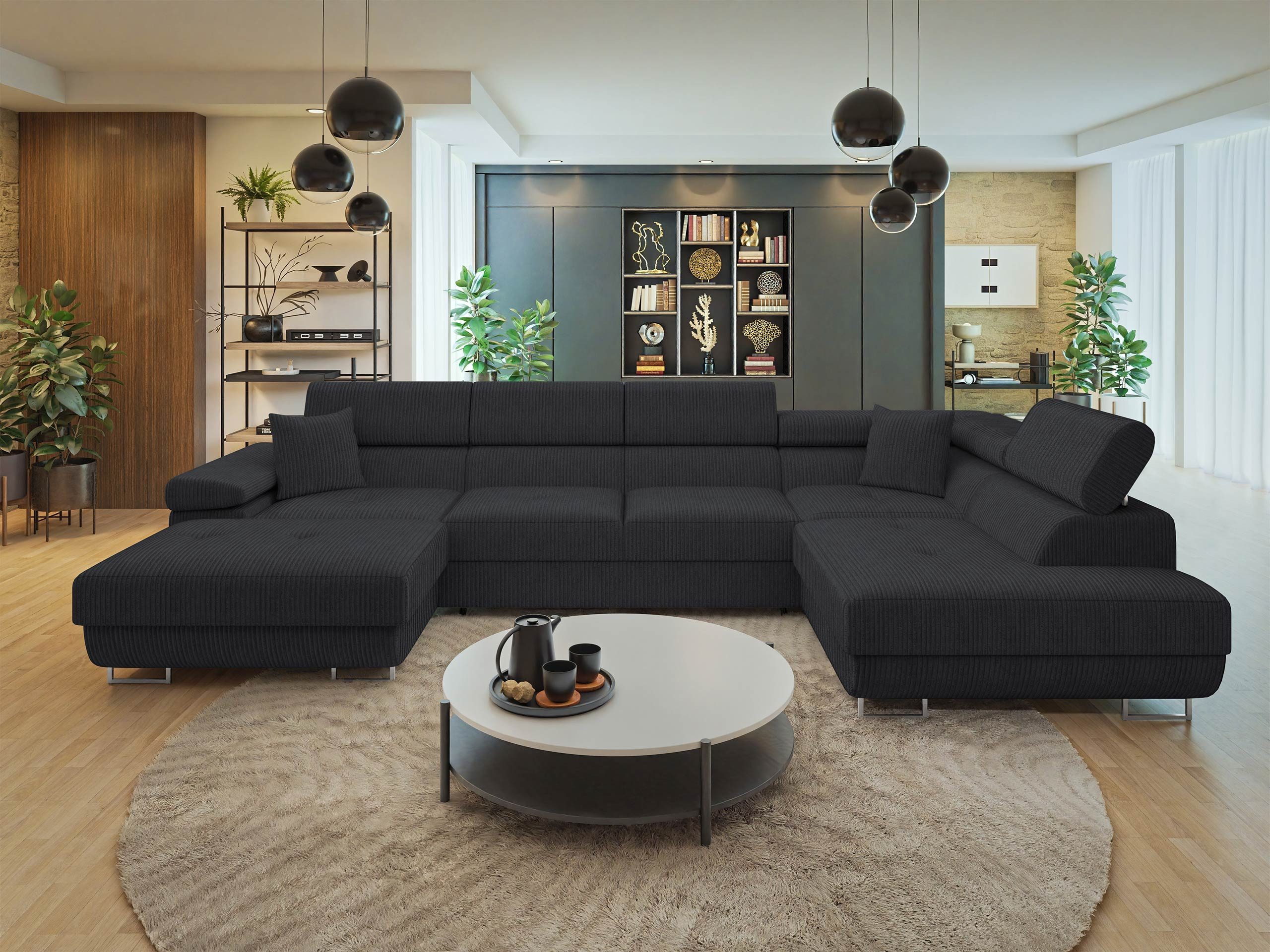 MIRJAN24 Wohnlandschaft Torezio Bis Cord, mit Bettkasten und Schlaffunktion, Einstellbare Kopfstützen, 346x203x70-90 cm, U-Form