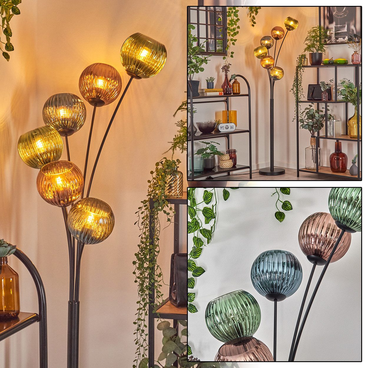 hofstein Stehlampe Stehlampe aus Metall/Riffelglas in Schwarz/Kupfer/Blau/G günstig online kaufen