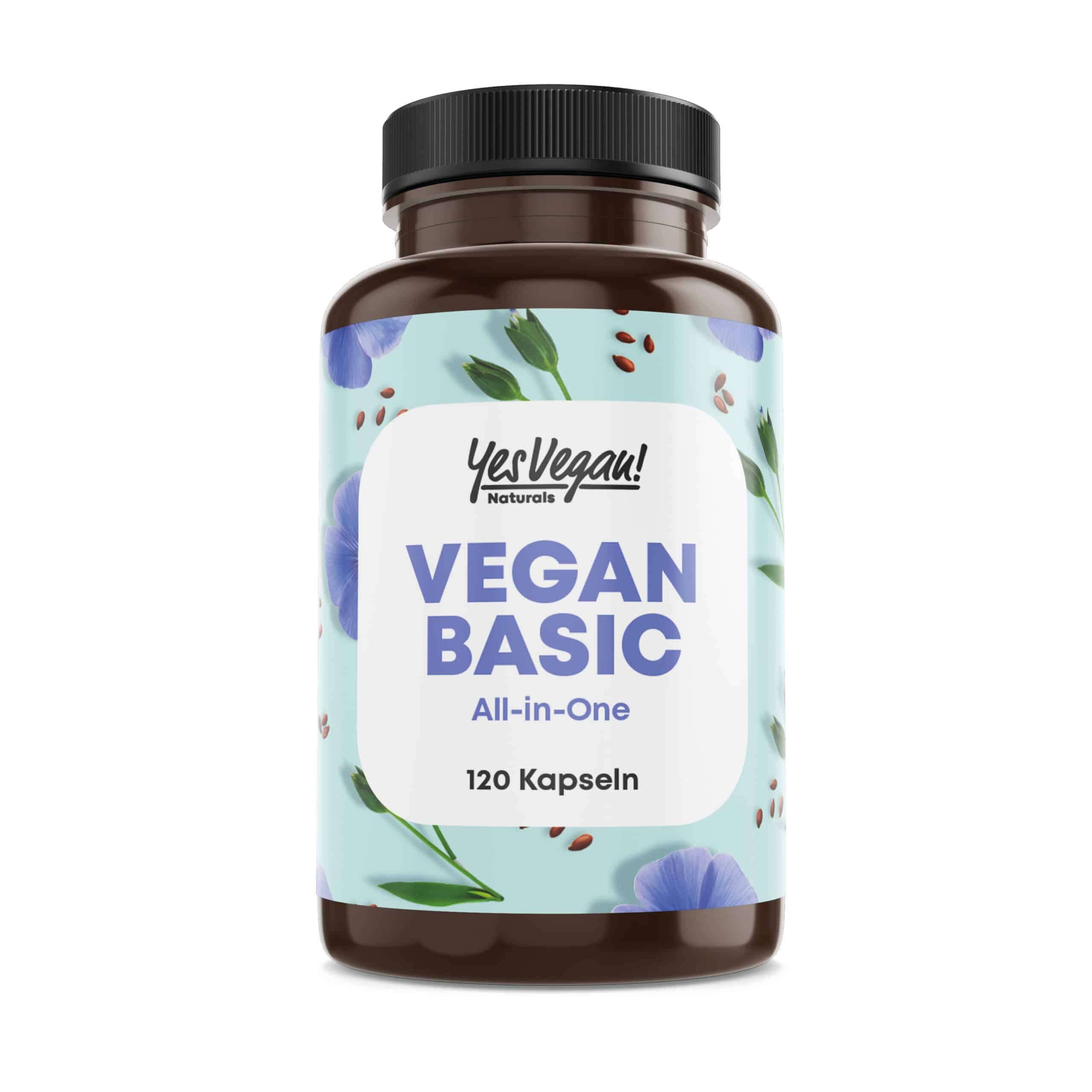 Yes Vegan Vegan Basic Vitamin Komplex B12, D3, K2, Eisen & Omega 3 – 120 Kapseln, 1 St., 66 g