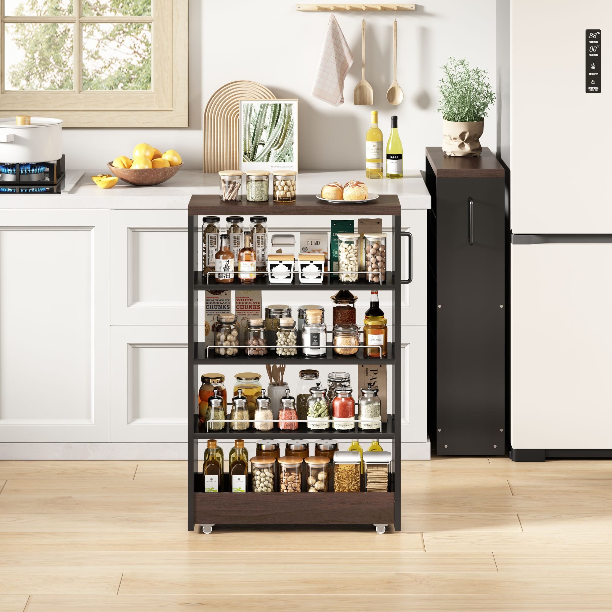 BBG Slim Storage Cart auf Rollen, schmaler Küchenschrank 12/16 cm, mit 4 verstellbaren Regalen, Nischenwagen in Weiß Holzoptik