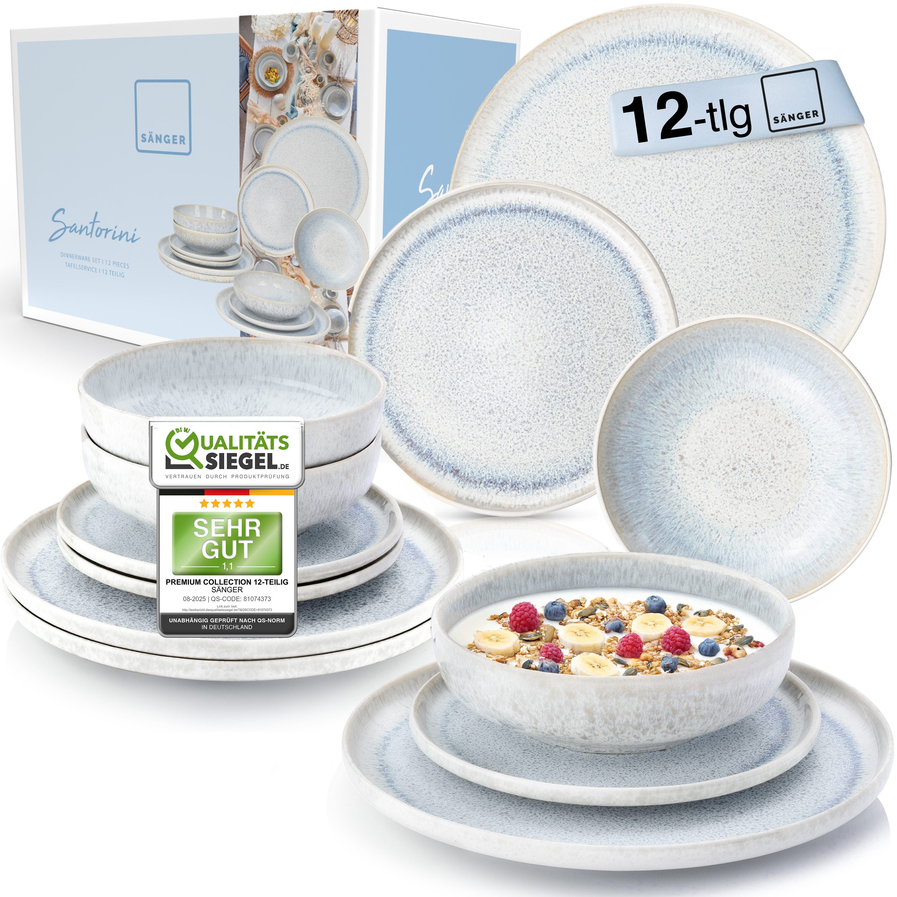 SÄNGER Tafelservice Santorini Geschirrset (12-tlg), 4 Personen, Steingut, Cremefarben mit Flieder Blauem Verlauf, Premium Collection, Handmade