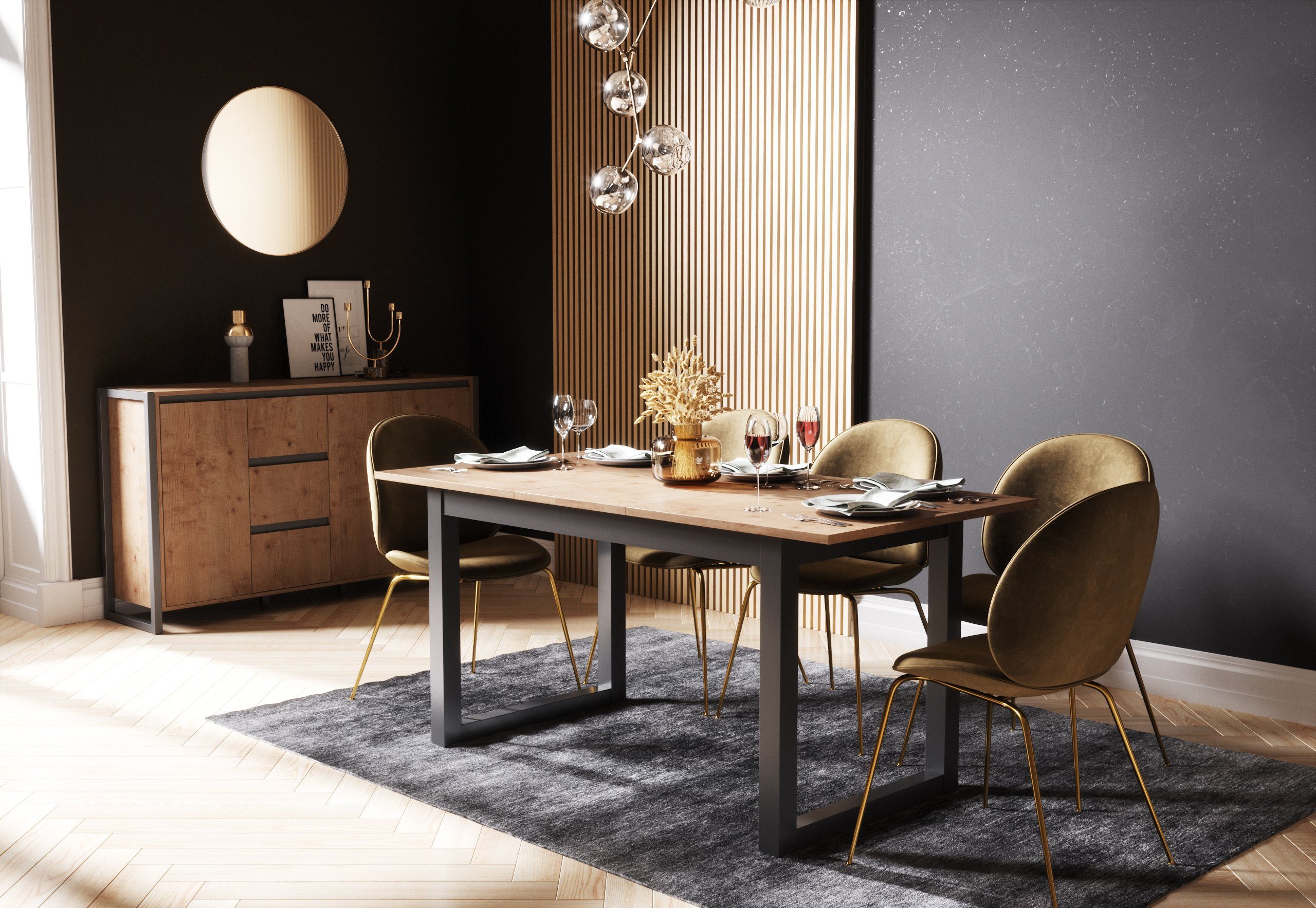 Newroom Esstisch Vincent, ausziehbar 120-160 cm Anthrazit Wildeiche Vintage