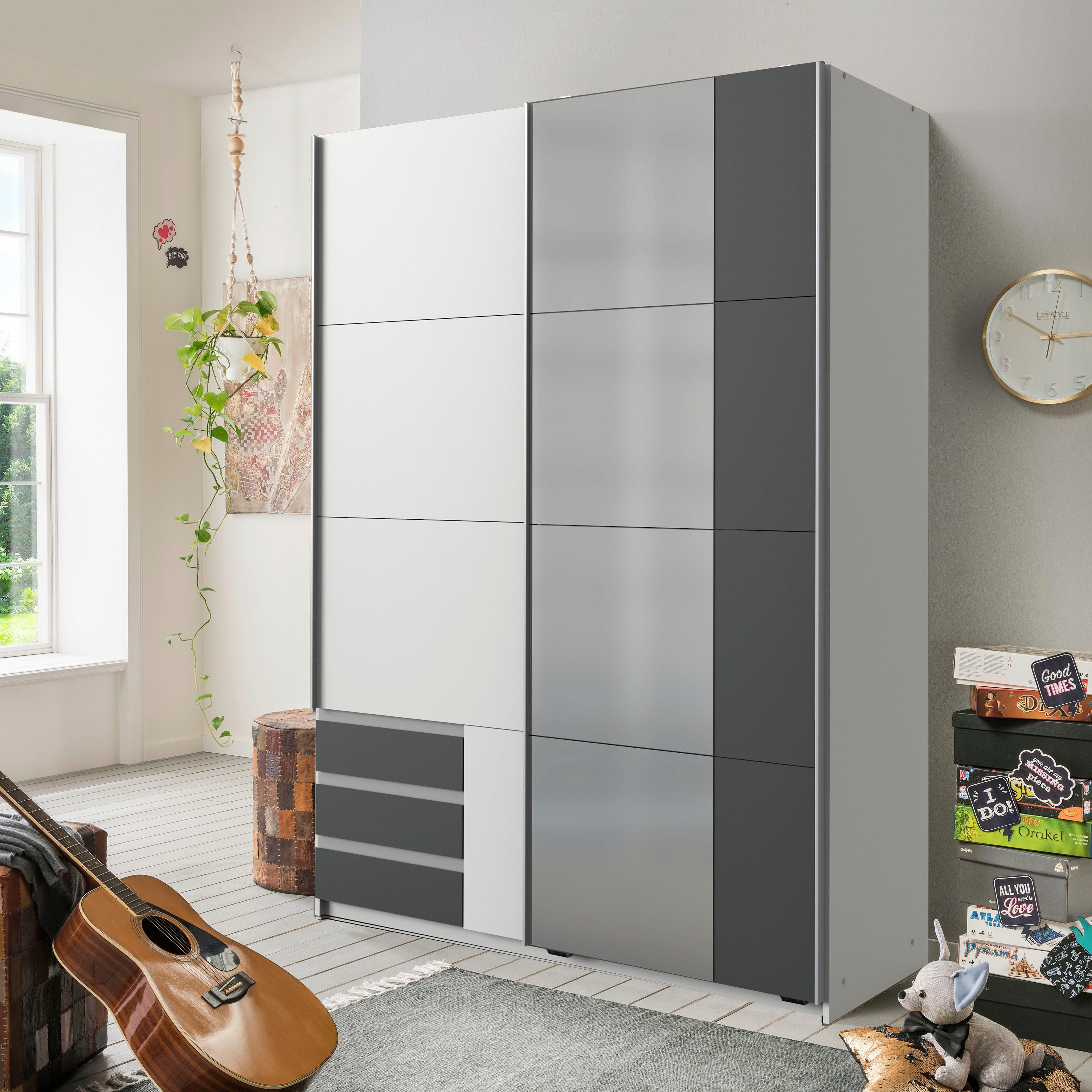 Wimex Schwebetürenschrank Emden moderner Kleiderschrank mit Spiegel und Schubladen Schlafzimmer Schrank Garderobenschrank mit Schwebetüren Topseller