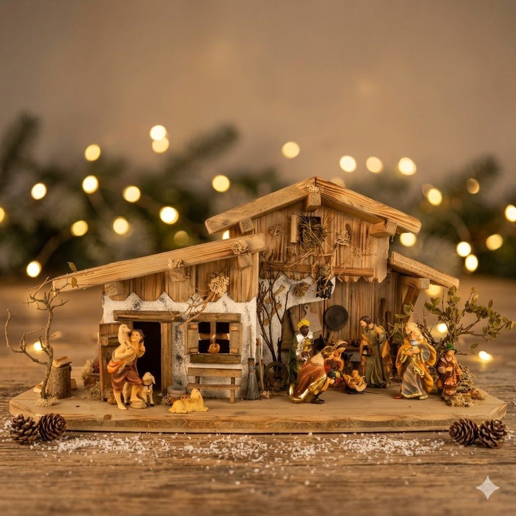 Krippenursel Krippe Weihnachtskrippe Engelthal inkl. 12-tlg. Figurensatz K 001, Handbemalte Figuren,handgearbeitete Krippe