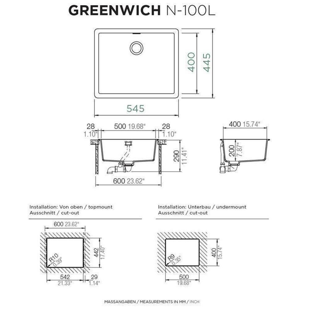 N-100 Stone flächenbündig, Granitspüle Einbauspüle Greenwich L Cristadur Schock Schock FB 54,5/44,5 cm STO