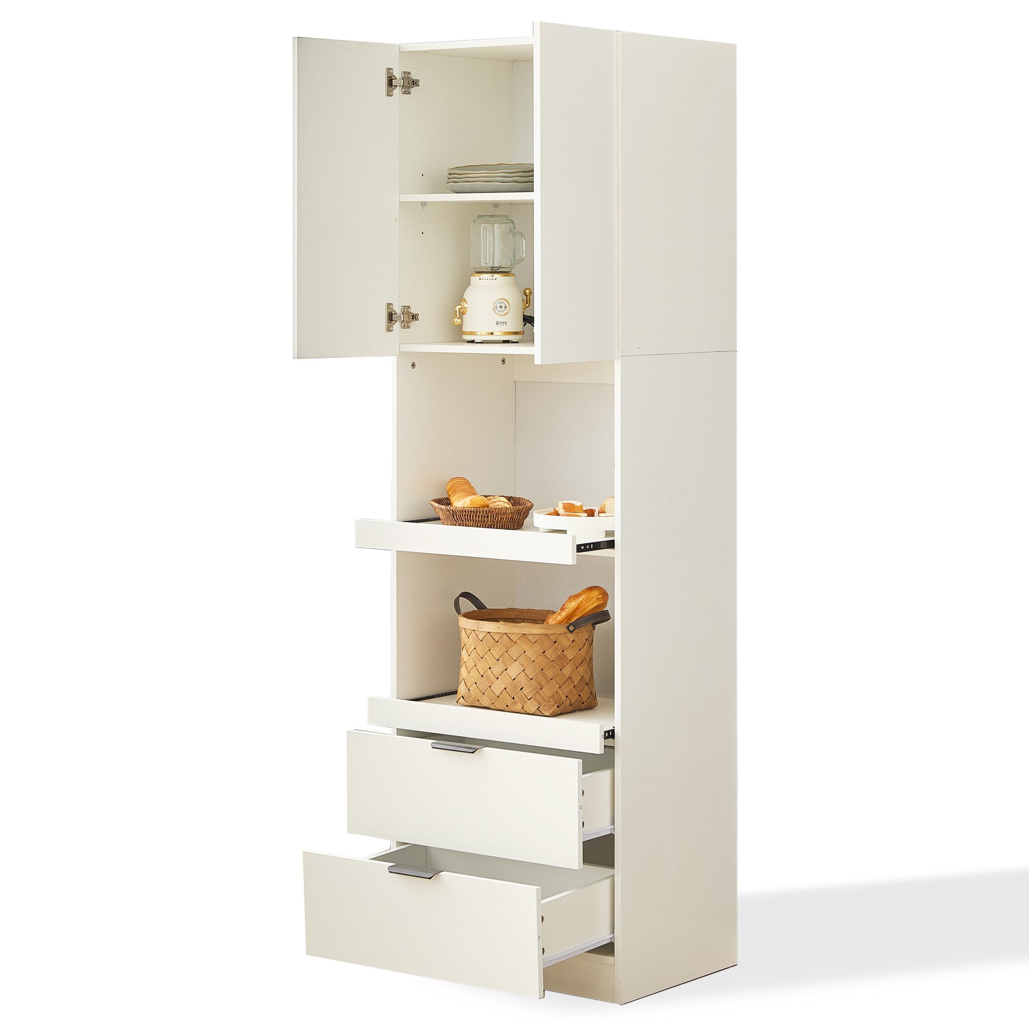 Ulife Hochschrank Küchenschränke, Lagerschränke, Multifunktionsschränke 2 Türen, 2 Schubladen, Mikrowellenregale, mit Kippschutz