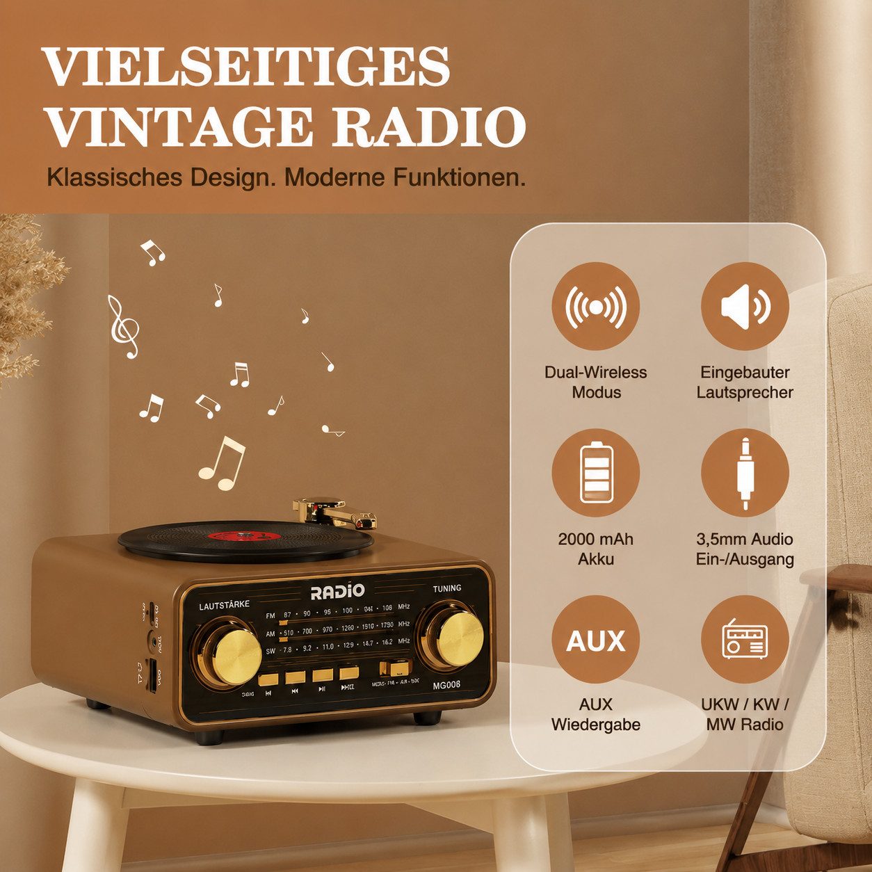 Fyrove Bluetooth Radio Holz Retro, FM Tuner Tischradio mit USB TF Karte Radio (Stilvolles Radio im klassischen Design mit Bluetooth 6.0, mehreren Wiedergabeoptionen und tragbarer Nutzung)