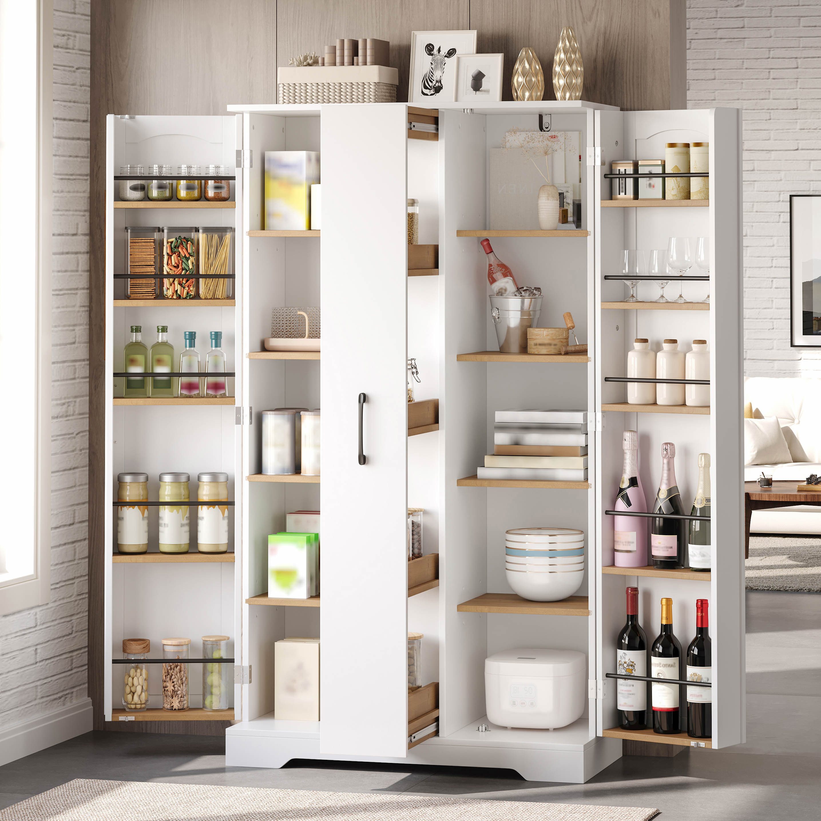 Celya Küchenbuffet Küchenschrank Doppeltürschrank mit Gewürzregal (78×40×150 cm, mit 4-stufigem Vertikalauszug, verstellbaren Regalböden) Modernem Design, Einfache und sichere Montage