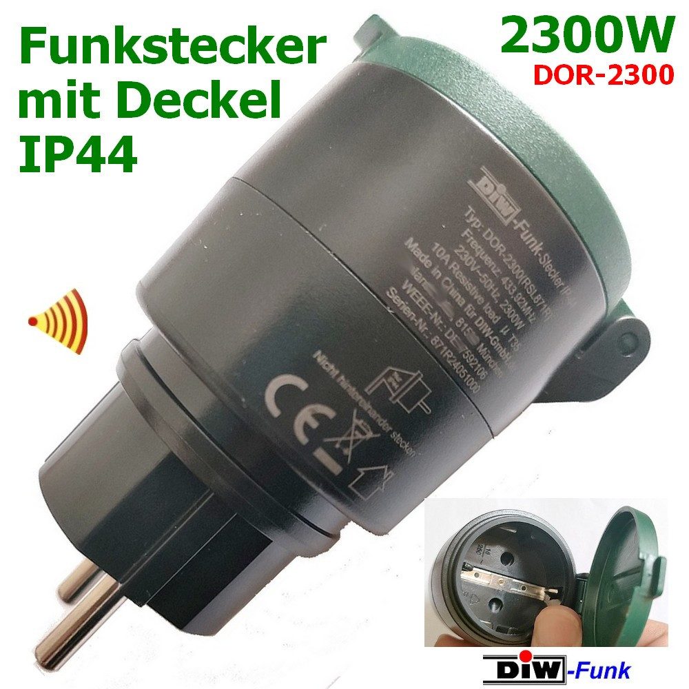 DIW-Funk Bewegungsmelder PD-549 Funkbewegungsmelder Outdoor+ Funkstecker+Wandsender, (Spar-Set, 3-St., Bewegungsmelder DIW-44, Outdoorstecker DOR-2300, Wandsender DWS-11), Bewegungsmelder und Outdorstecker mit IP44 Zertifizierung