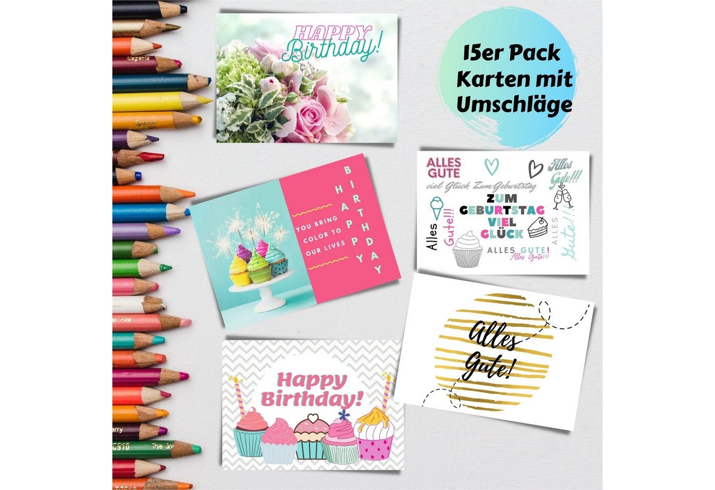 Thumbnail - Domelo Geburtskarte Geburtstagskarten 15er Set mit Umschlag Postkarten