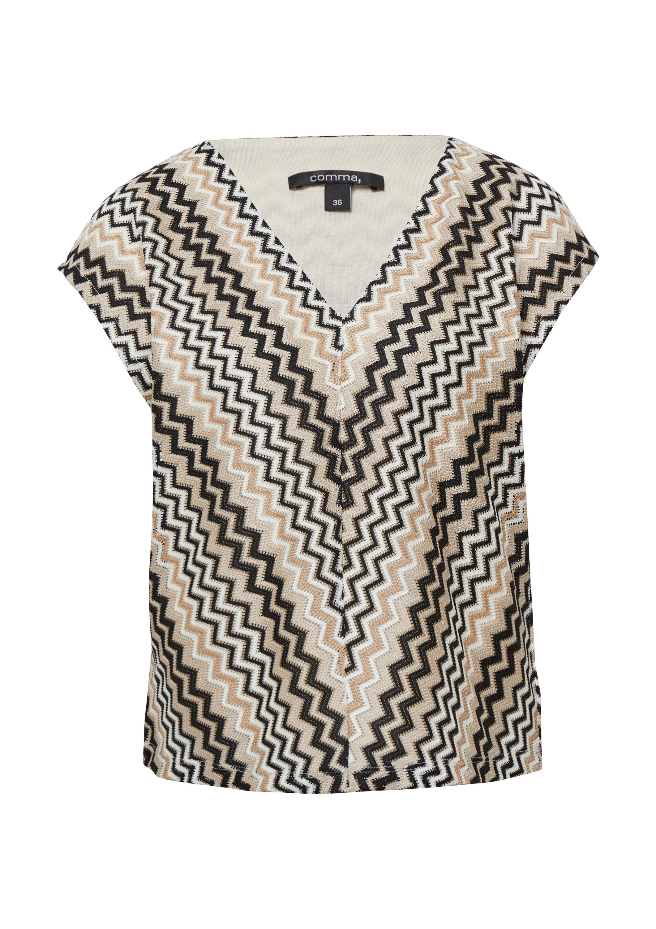 comma Kurzarmshirt T-Shirt Gestricktes Shirt mit Zick-Zack-Muster