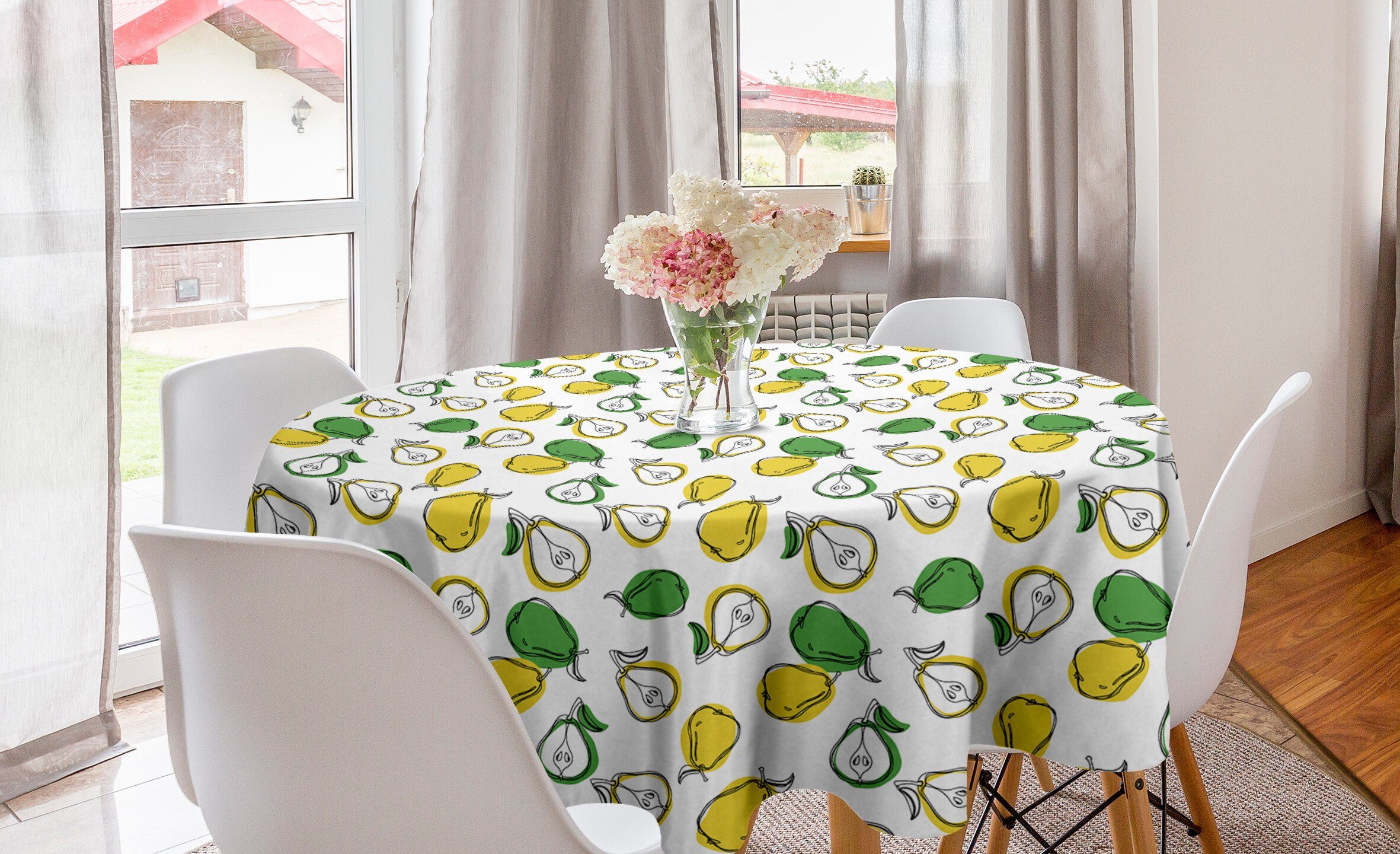 Abakuhaus Tischdecke Kreis Tischdecke Abdeckung für Esszimmer Küche Dekoration, Obst Frische Birnenscheiben und Blätter
