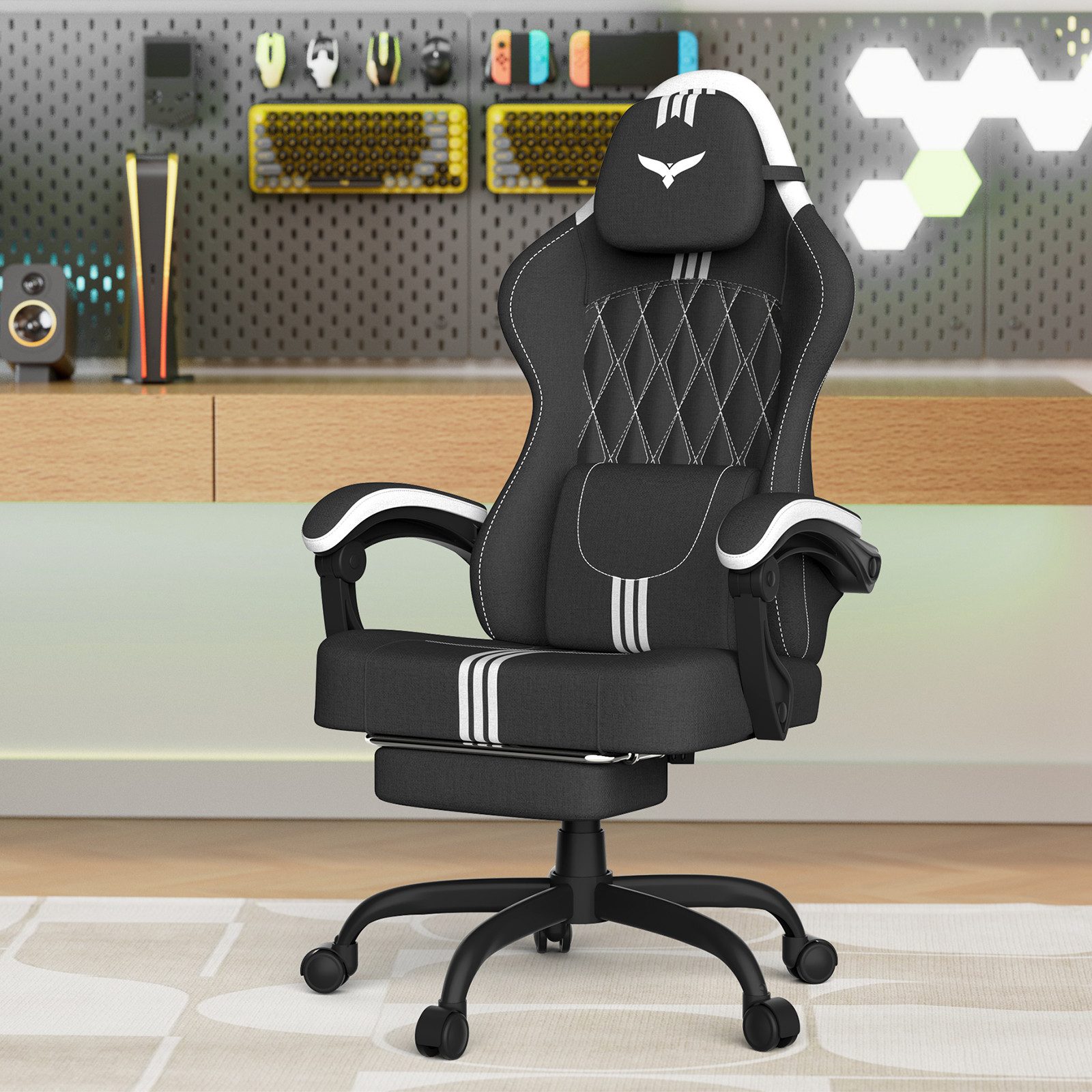 Huracan Gaming-Stuhl Gaming Chair mit Massagefunktion Kopfstütze & Fußstütze, (Gamer Stuhl,Gaming Sessel), Verstellbare Rückenlehne 90-135°,Höhenverstellbar