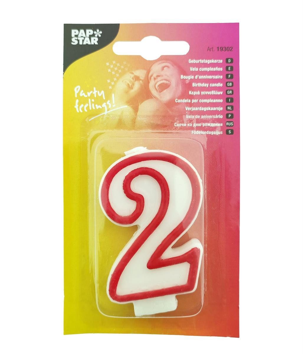 PAPSTAR Geburtstagskerze Zahlenkerze 2 weiß rot, 73 mm, 1 Stück (Stück, 1-tlg., Zahlenkerze), Geburtstagskerze Geburtstagstorte Tortendekoration Kuchendekoration