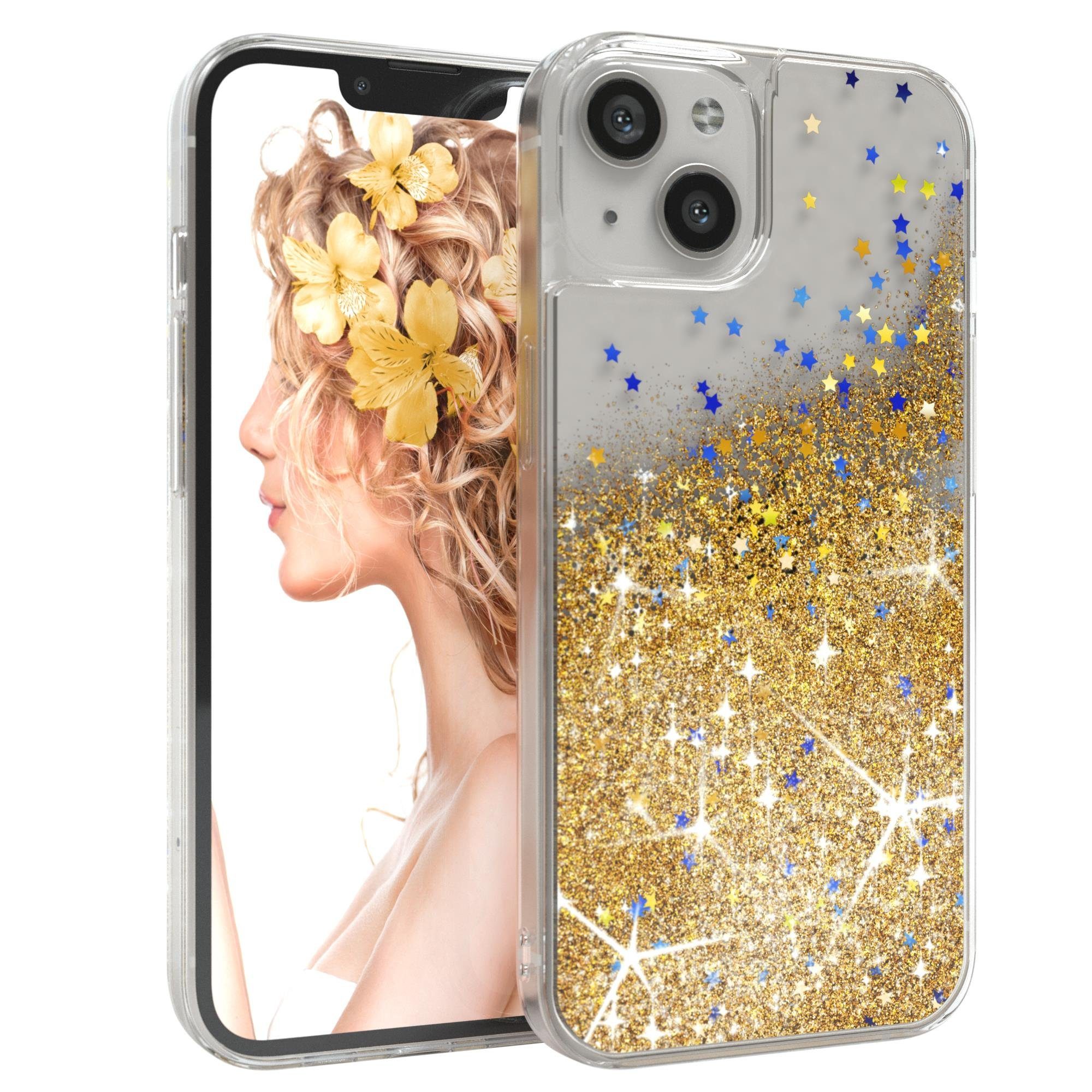 EAZY CASE Handyhülle Liquid Glittery Case für Apple iPhone 13 6,1 Zoll, Durchsichtig Back Case Handy Softcase Silikonhülle Glitzer Cover Gold