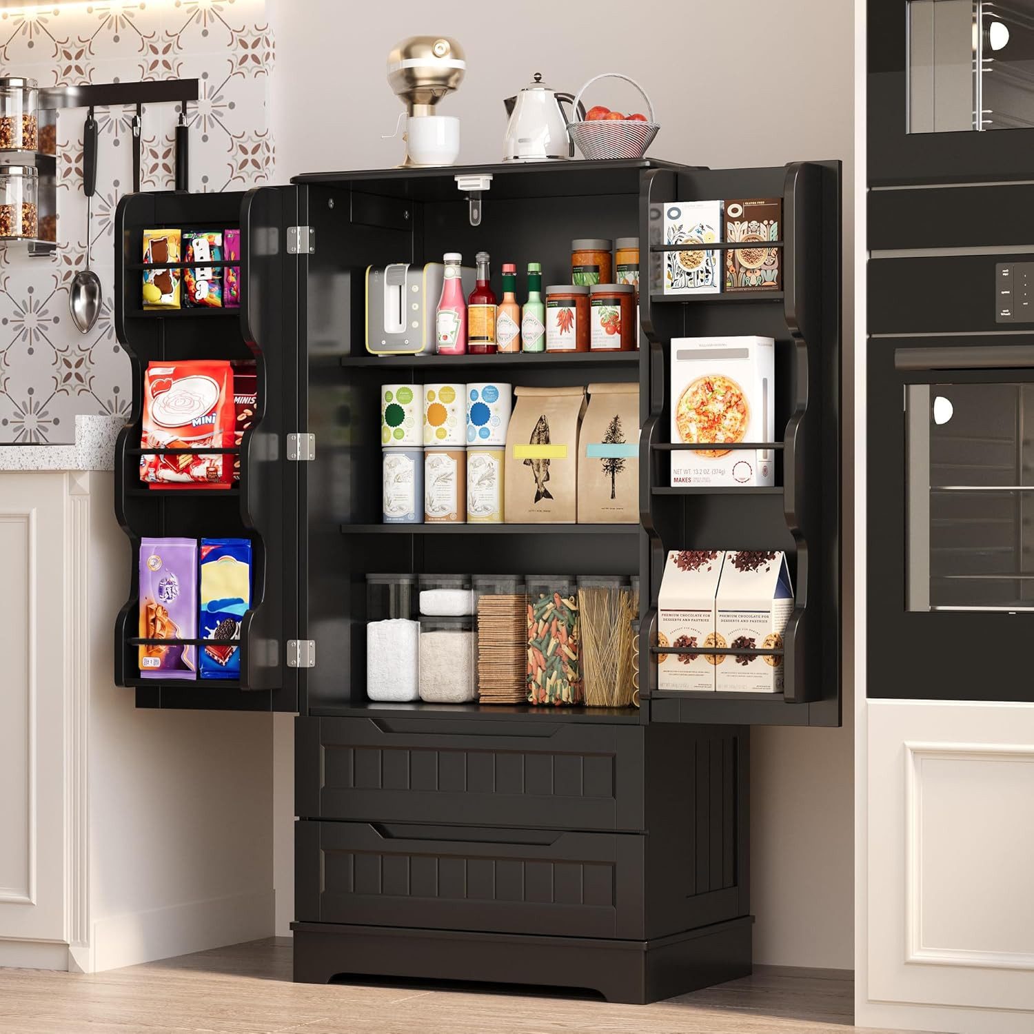 Blishom Sideboard Vorratsschrank Küchenschrank mit 2 Schubladen 2 Türen 60x40x120 cm, Esszimmer Buffetschrank Küchen-Vorratsschrank mit Kühlschranktür – Bild 4 von 5