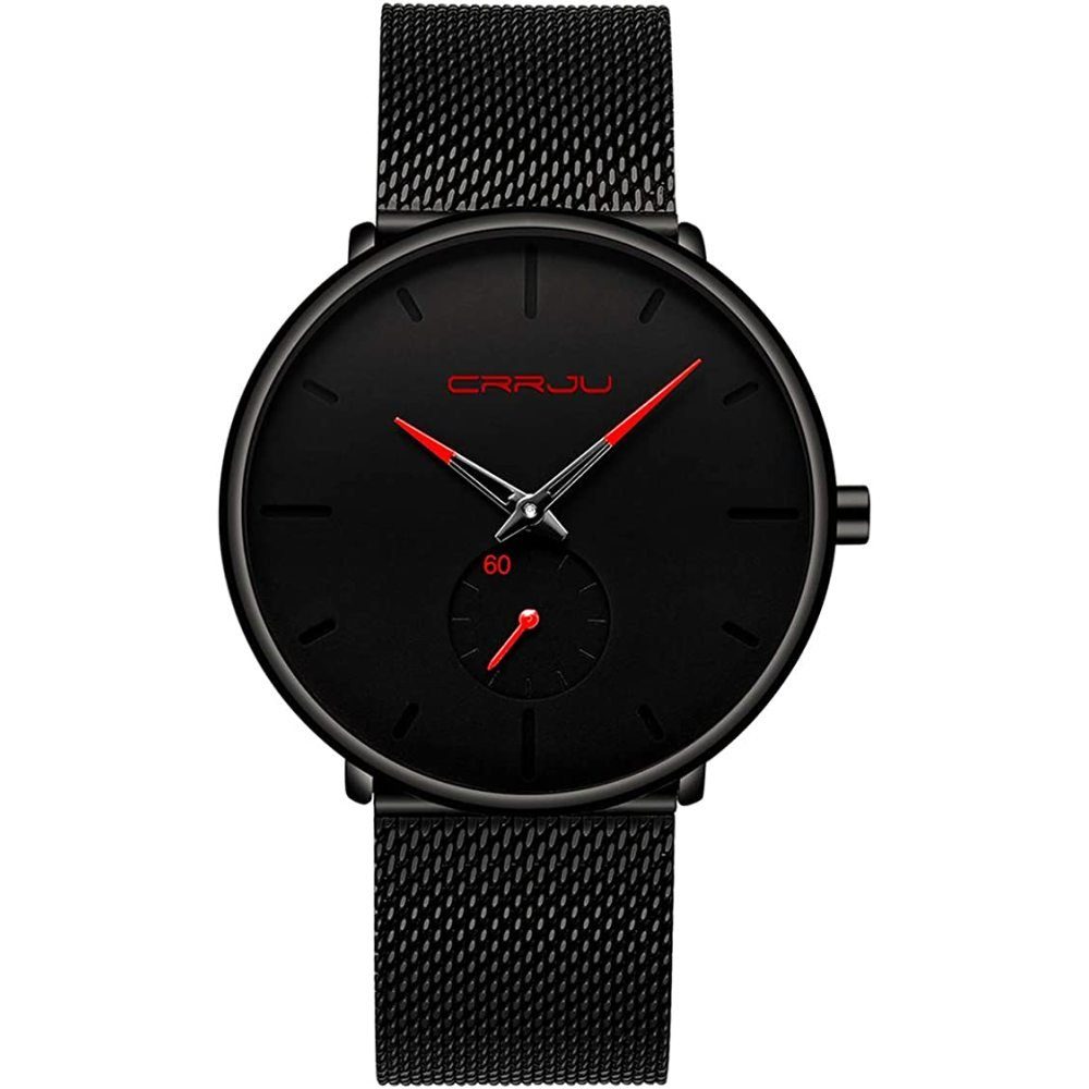 ‎‎Schwarz+rot Ultra Quarz Quarzuhr GelldG Herren Uhren mit Edelstahl, Schwarze Armband) (Set, Minimalistische Dünne