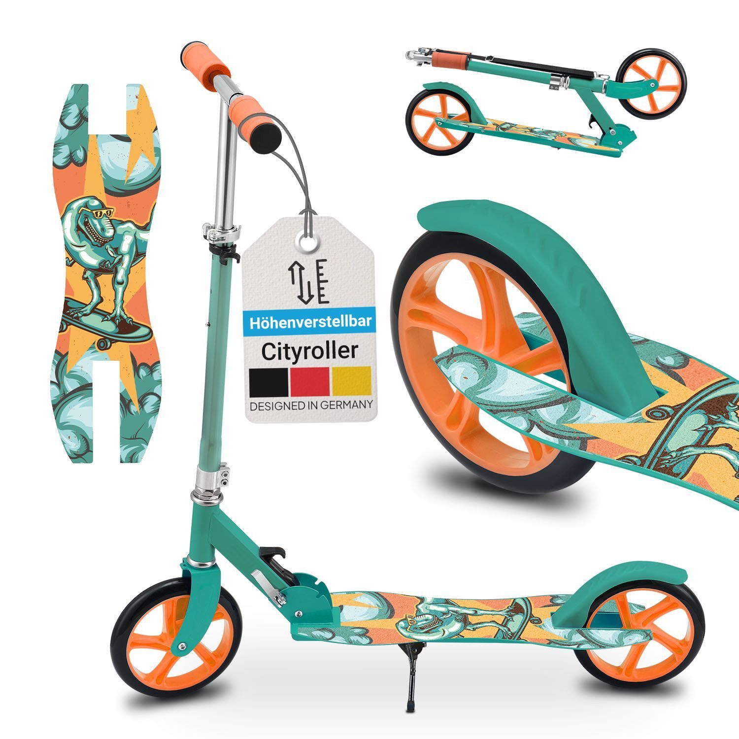 ArtSport Cityroller Dino-Mint, mit XXL Rädern, Fußständer, Hinterradreibungsbremse